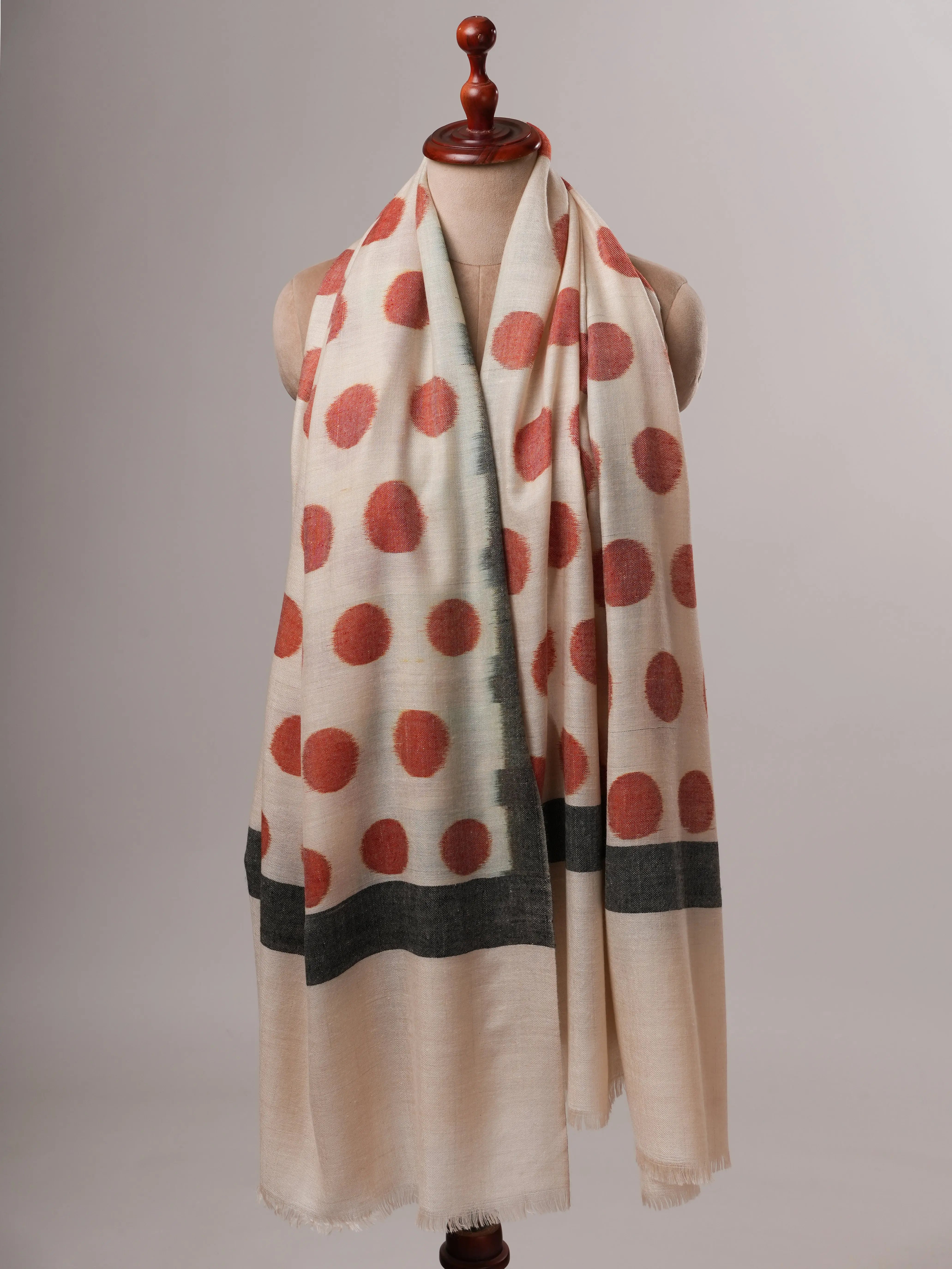 Handwoven Ivory Pashmina Shawl with Red Polka Ikat Shahkaar