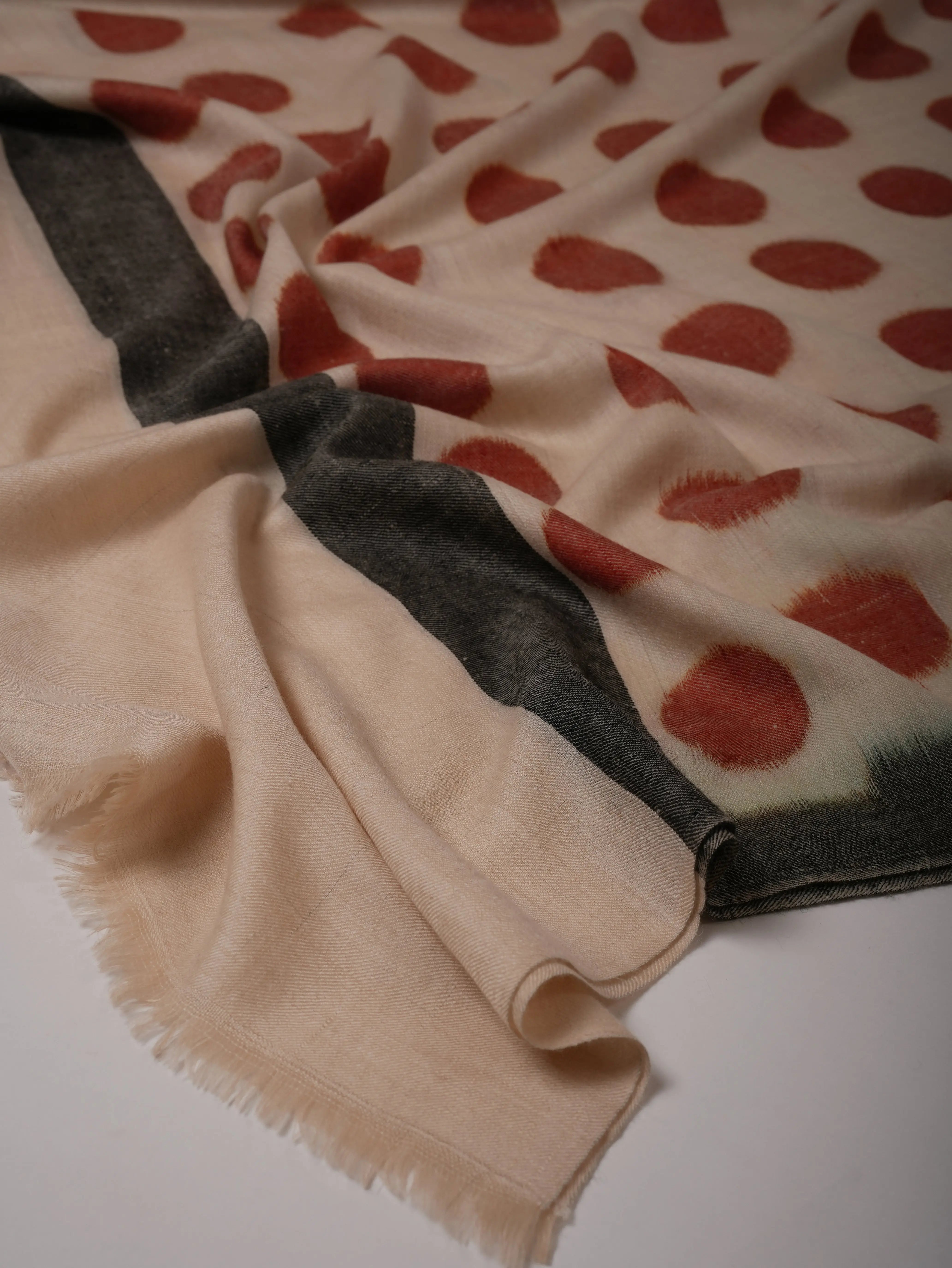 Handwoven Ivory Pashmina Shawl with Red Polka Ikat Shahkaar