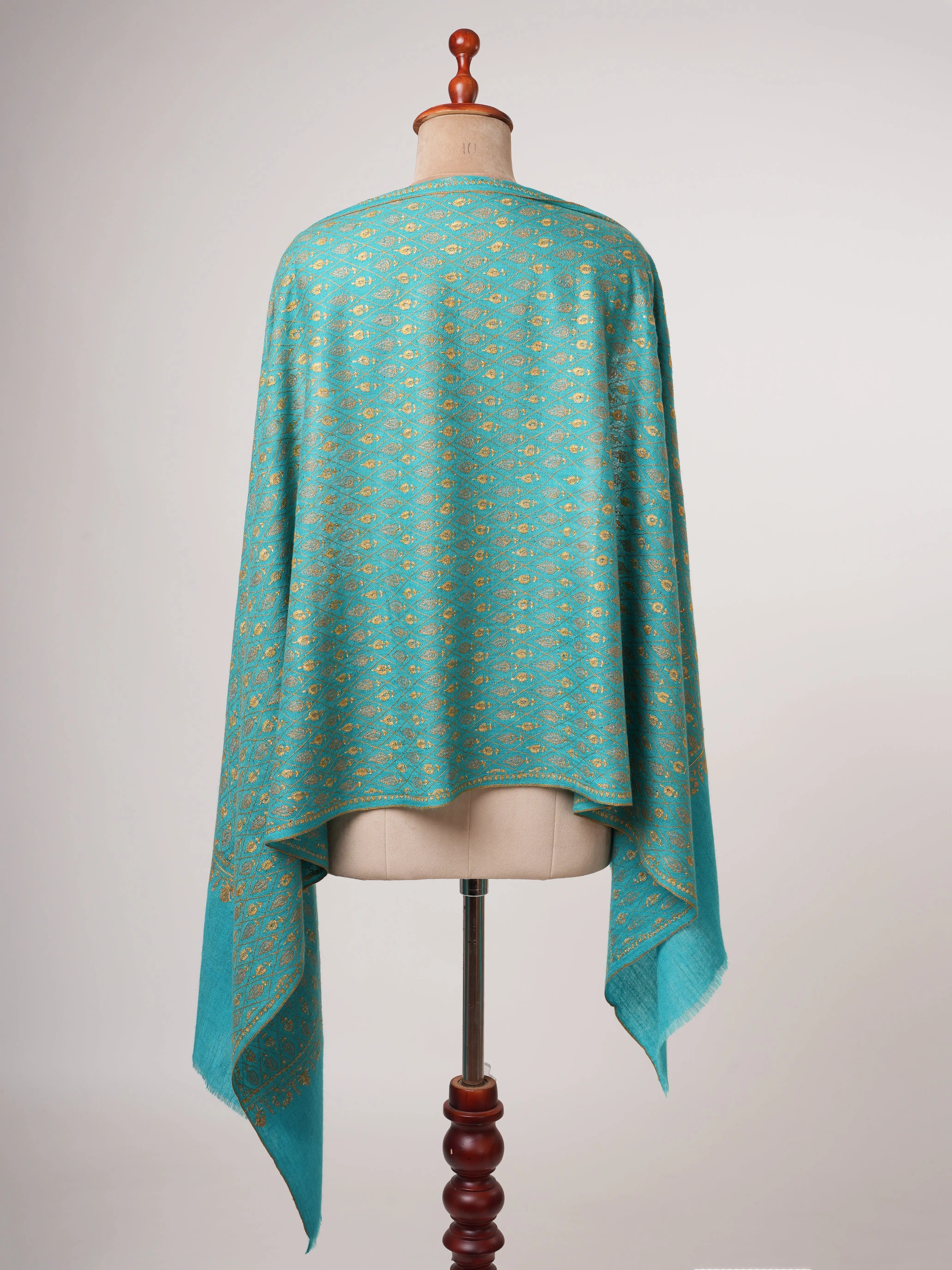 Contemporary Teal Cashmere Scarf with Hand Embroidery Shahkaar