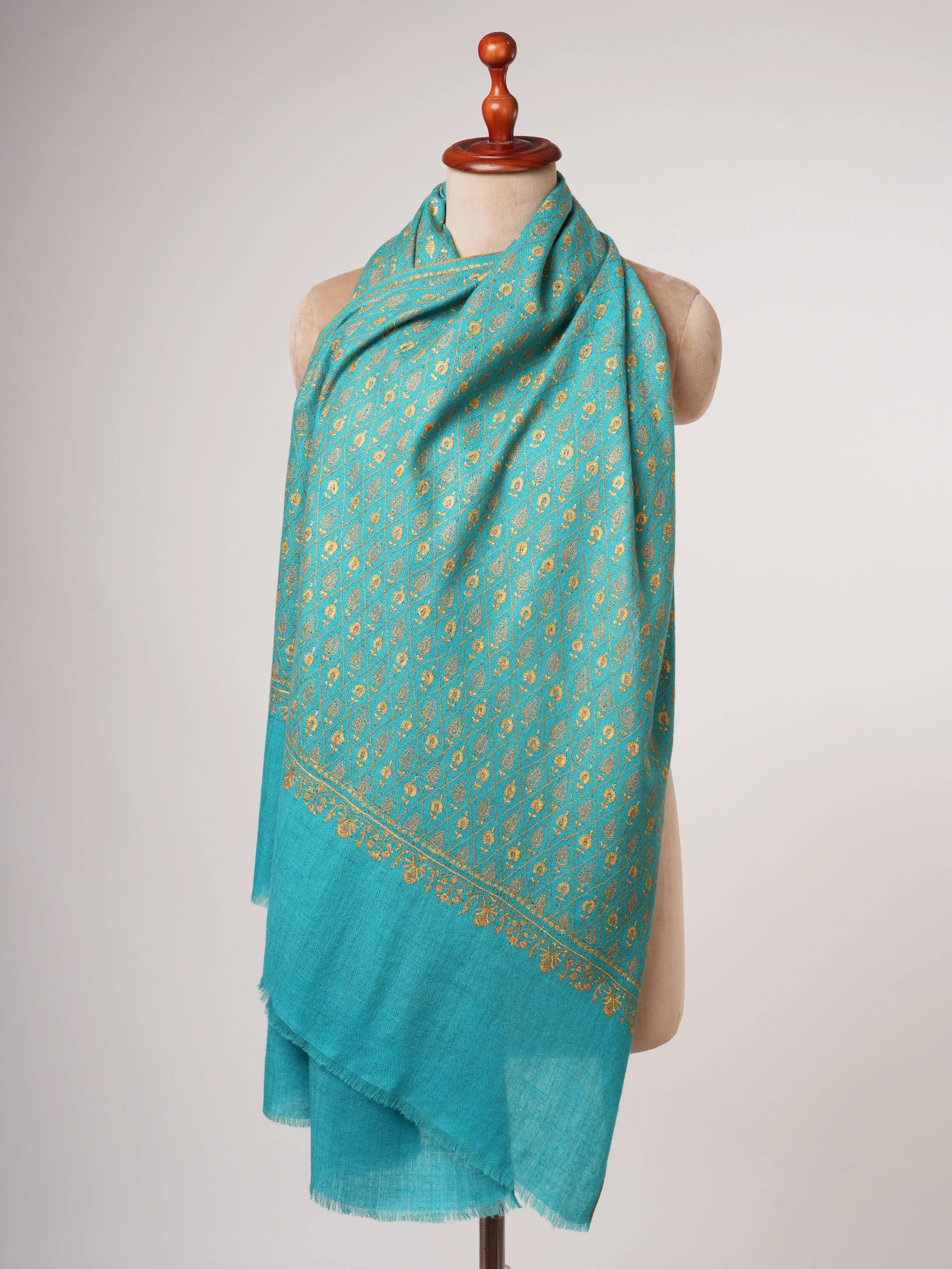 Contemporary Teal Cashmere Scarf with Hand Embroidery Shahkaar