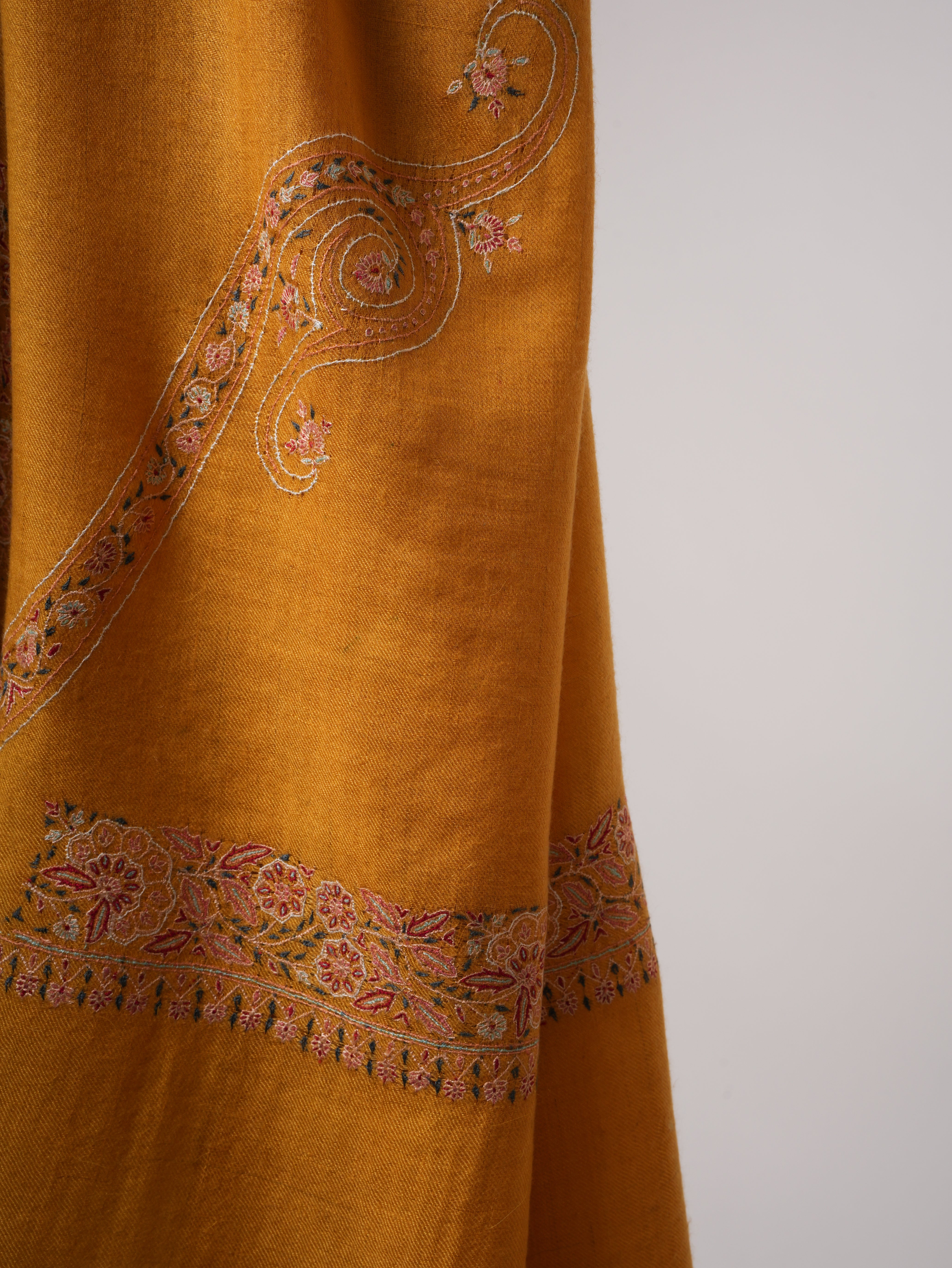 Golden Pashmina Shawl with Fine Border Embroidery & Classic Paisley Corners – Soft & Elegant