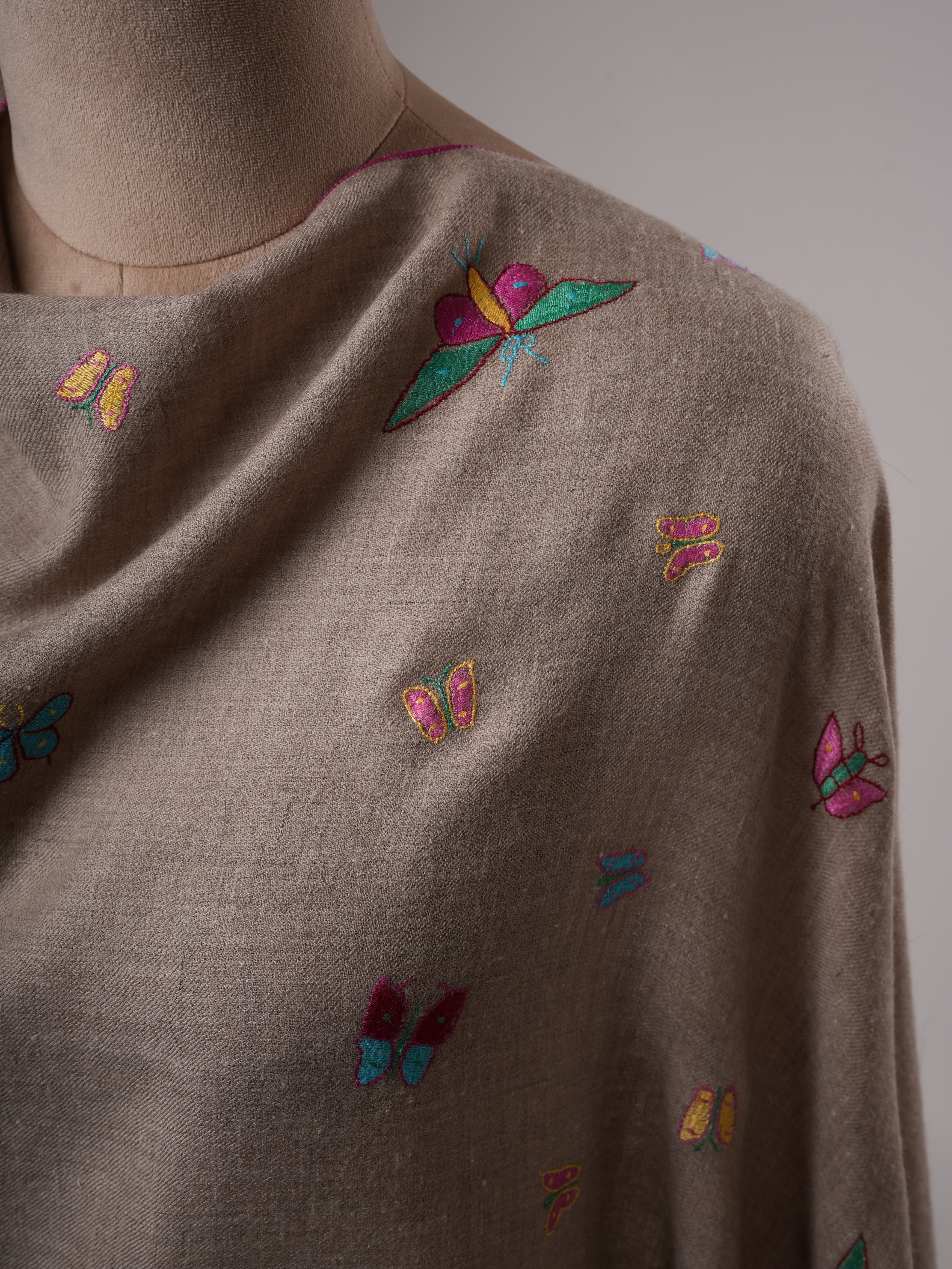 Hand Embroidered Butterfly Motif Indian Pashmina Shawl Shahkaar