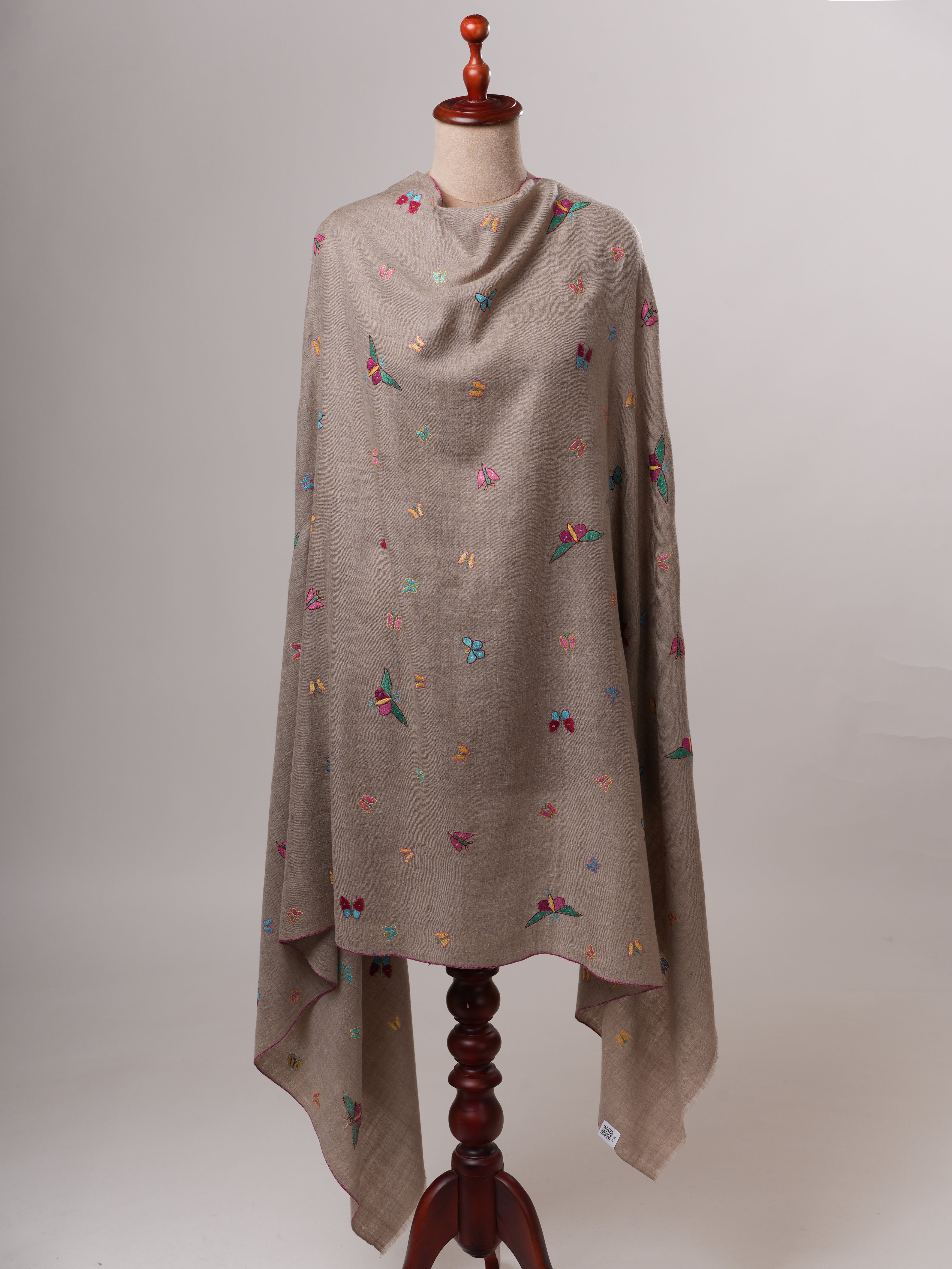Hand Embroidered Butterfly Motif Indian Pashmina Shawl Shahkaar