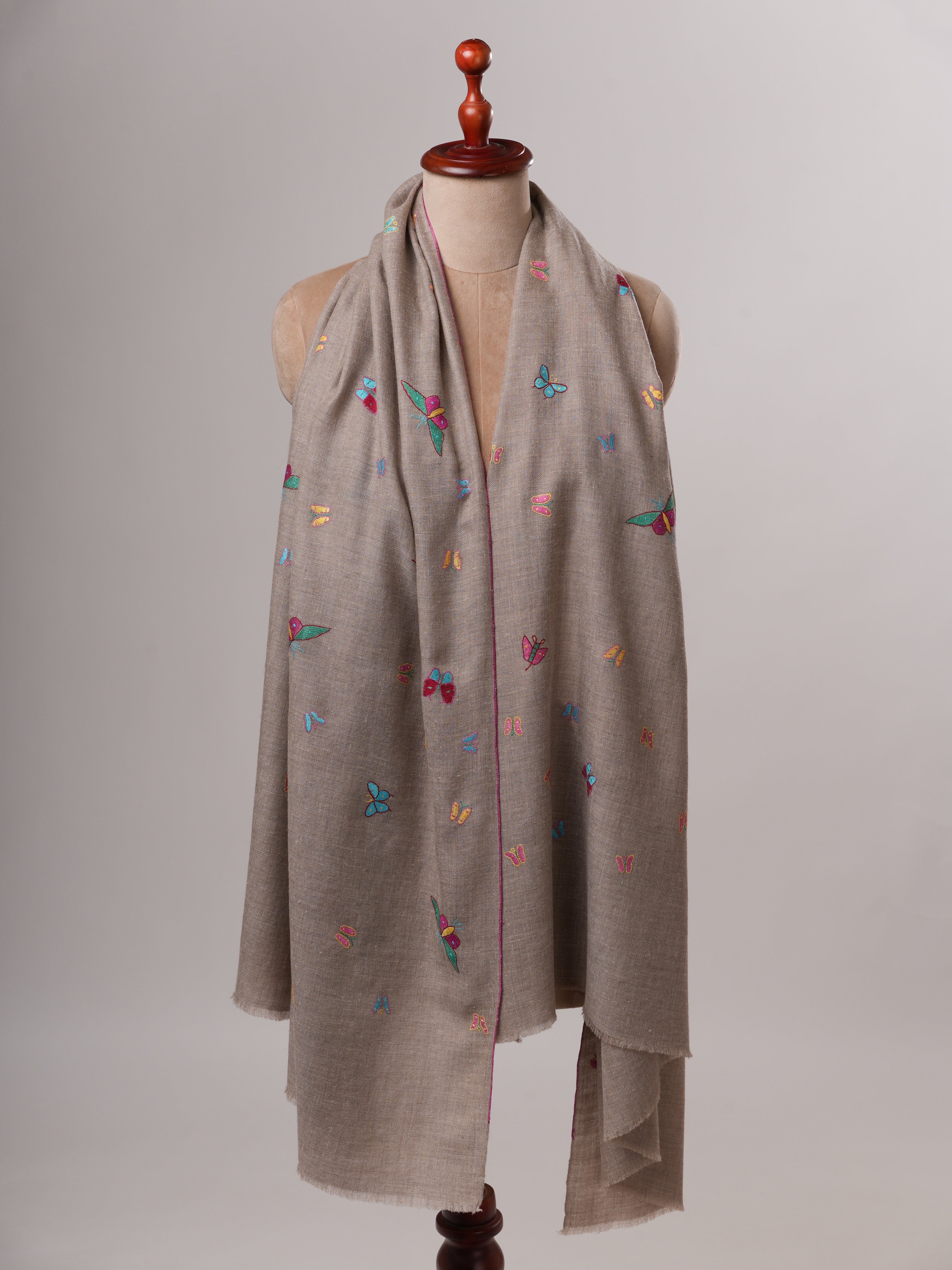 Hand Embroidered Butterfly Motif Indian Pashmina Shawl Shahkaar