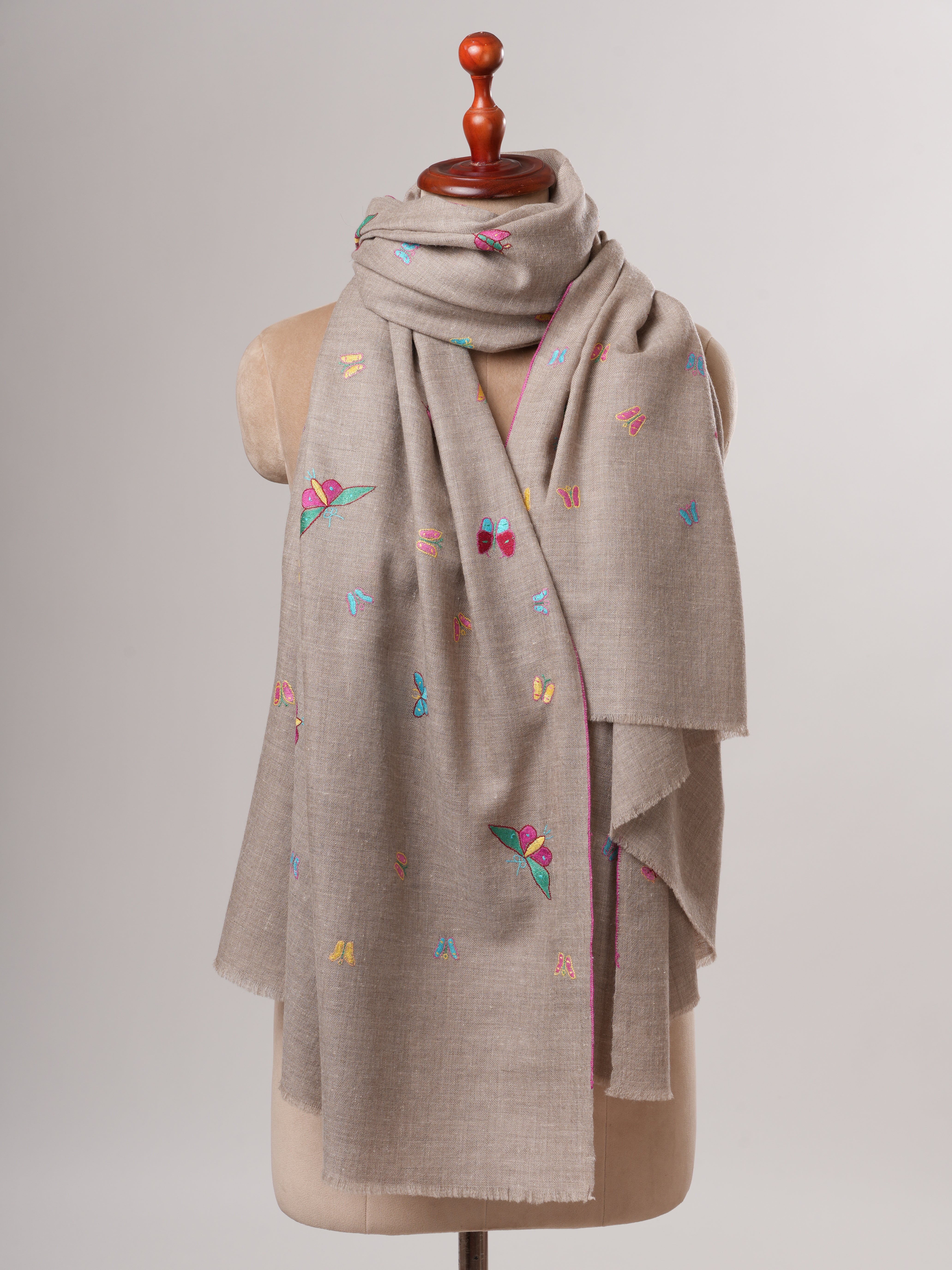 Hand Embroidered Butterfly Motif Indian Pashmina Shawl Shahkaar