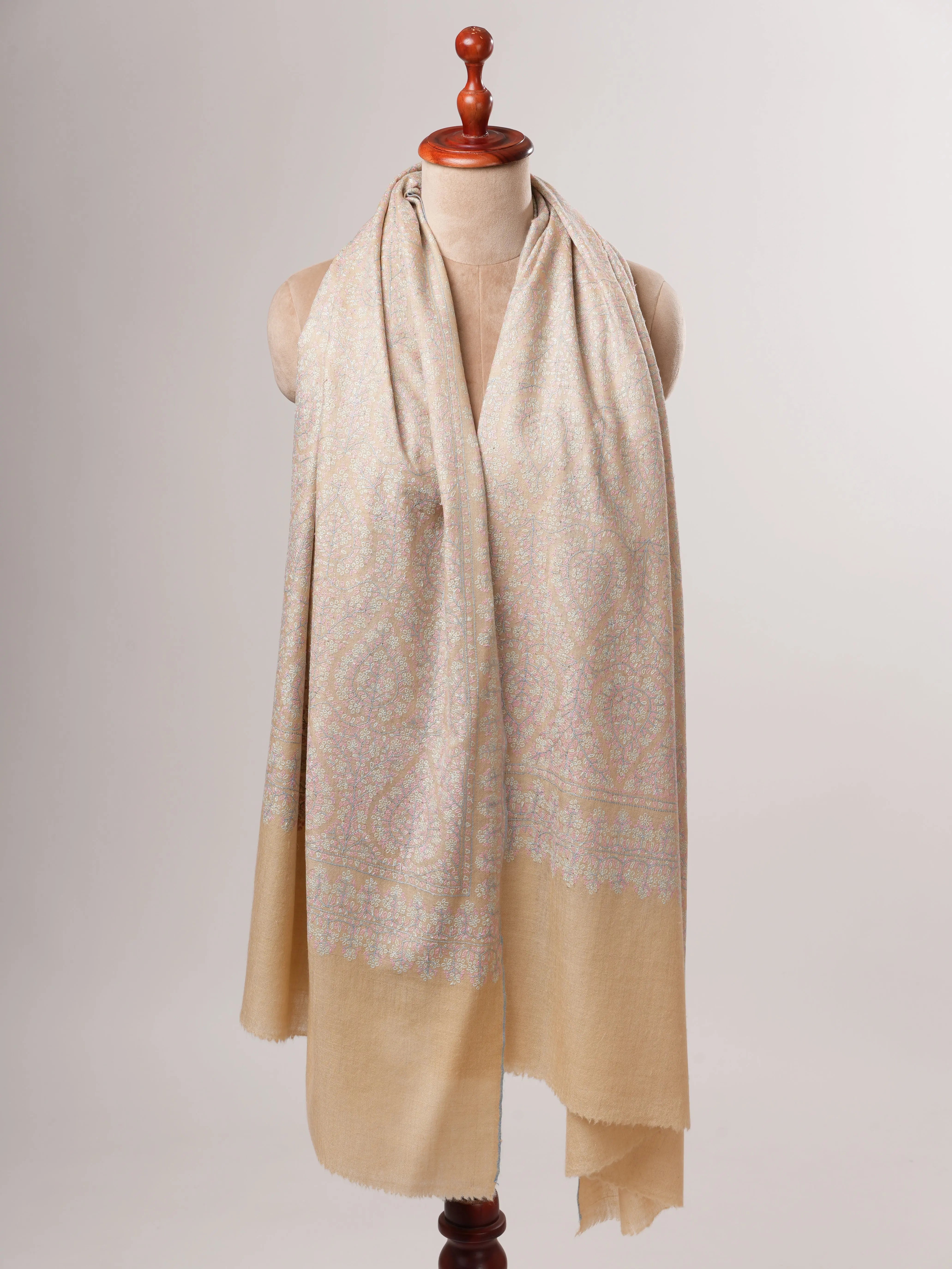 Cream Authentic Kashmiri Pashmina Shawl with Sozni Embroidery Shahkaar