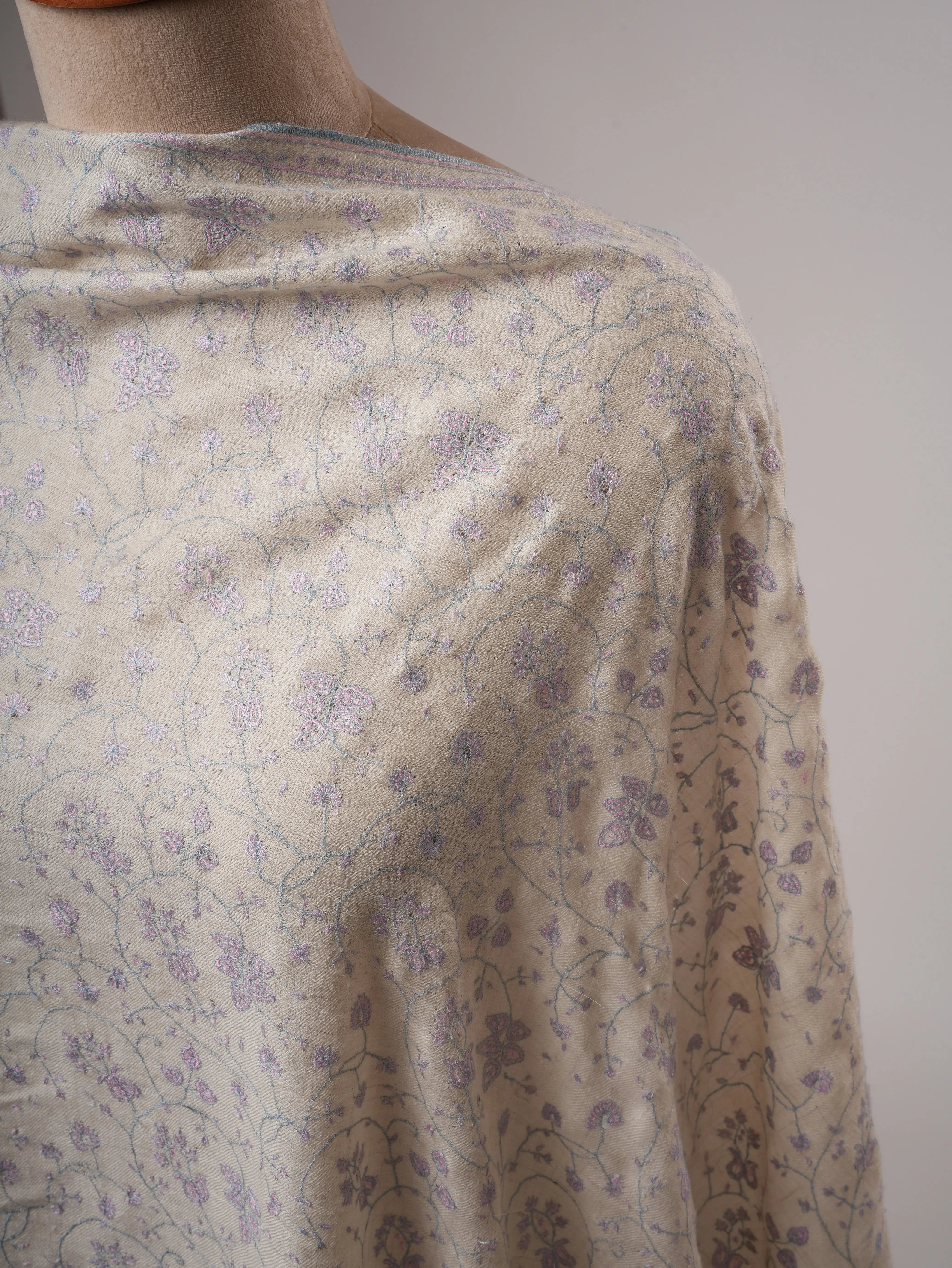 Ivory Pashmina Shawl with Pastel Jali Needlework Embroidery Shahkaar