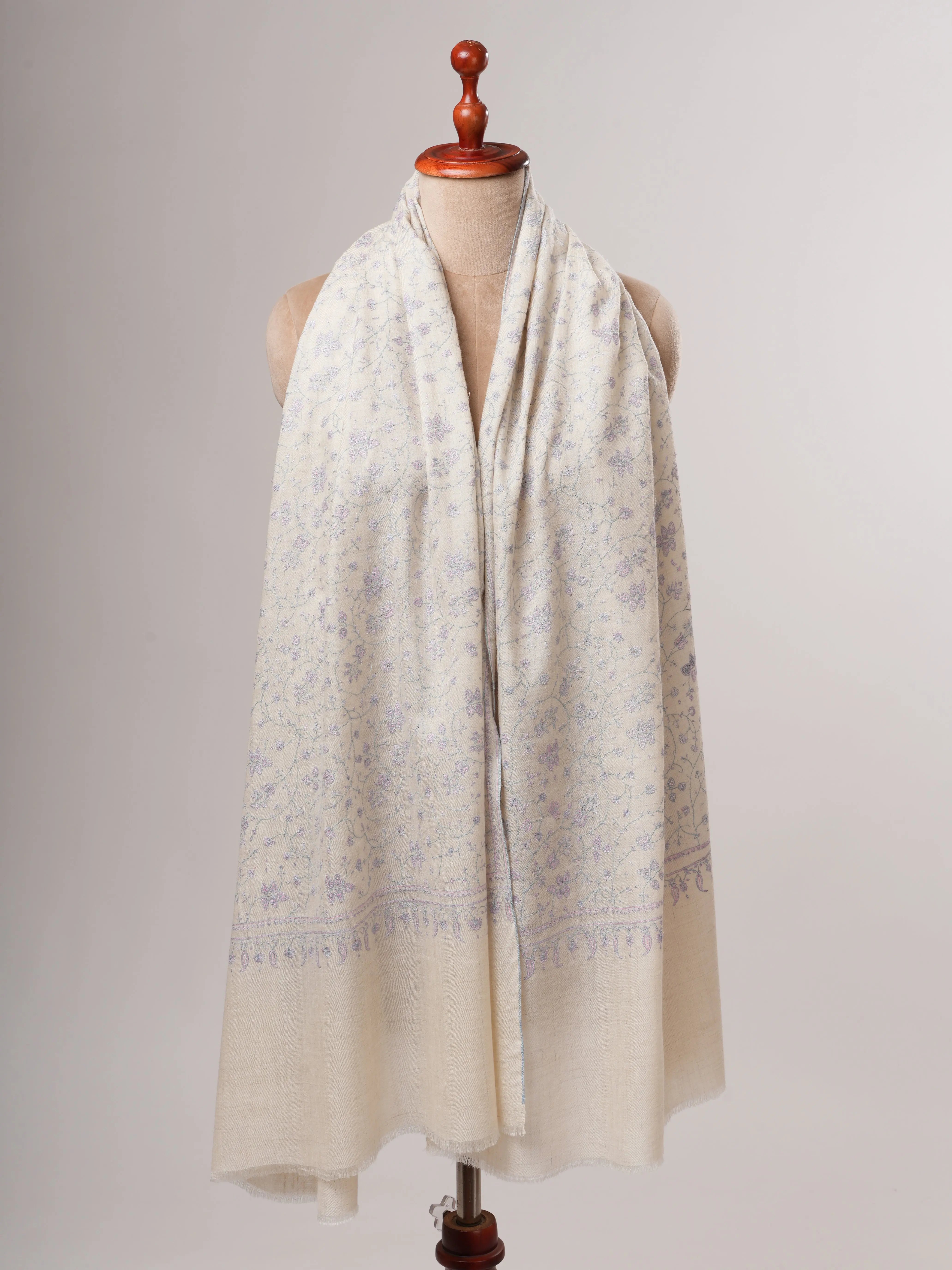 Ivory Pashmina Shawl with Pastel Jali Needlework Embroidery Shahkaar