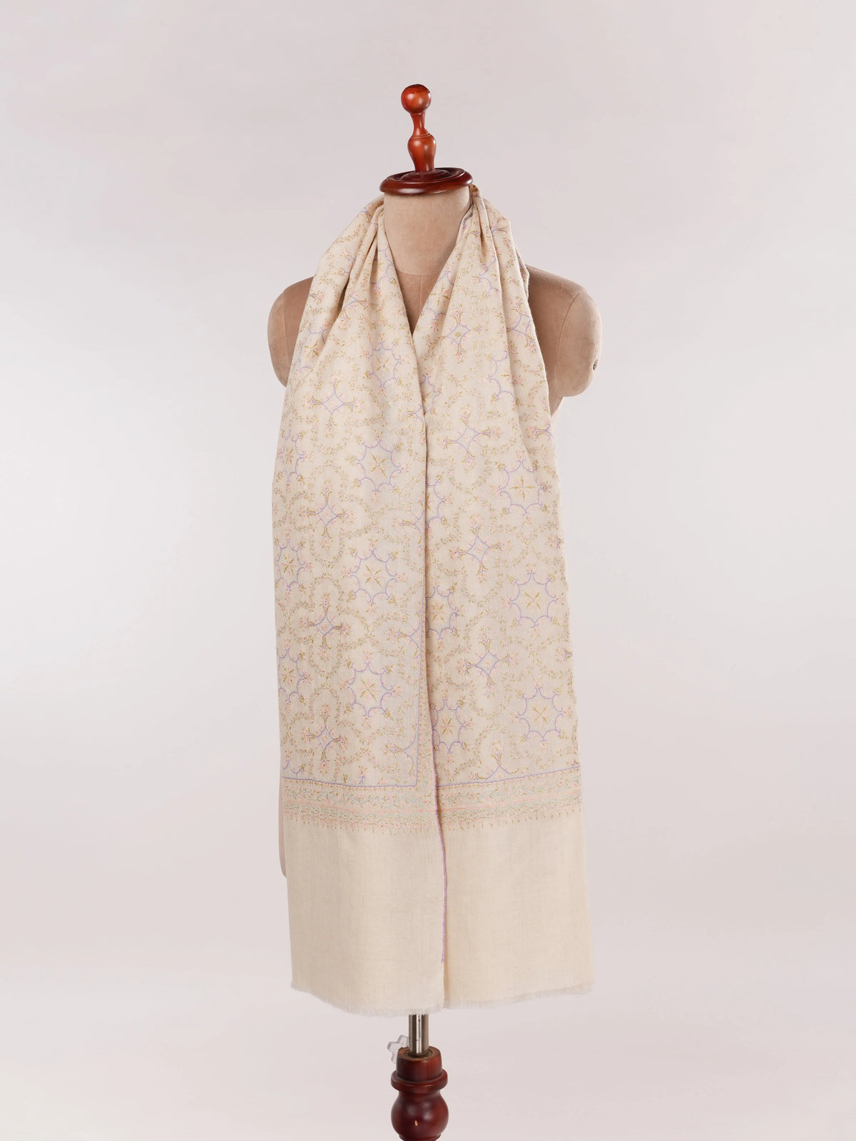 Jali Mulberry SIlk Embroidered Kashmiri Pashmina Shawl in Natural Offwhite Shahkaar.com