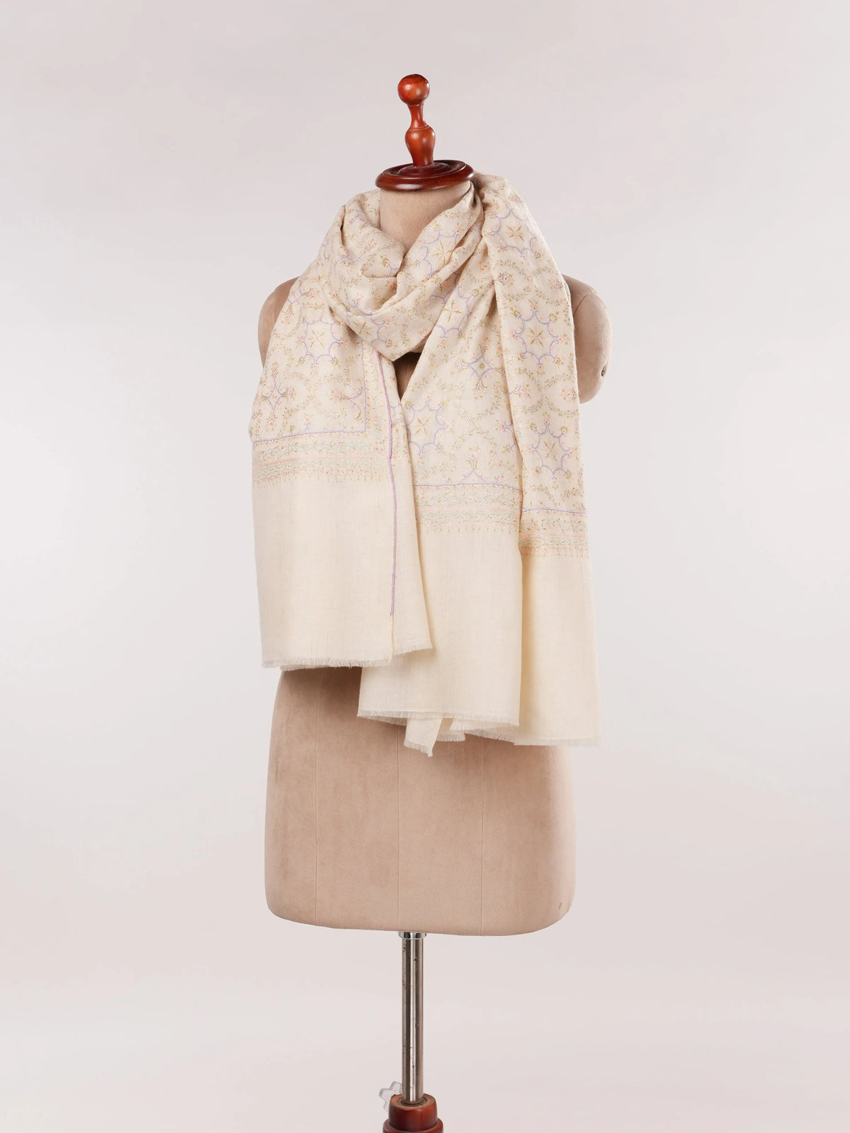 Jali Mulberry SIlk Embroidered Kashmiri Pashmina Shawl in Natural Offwhite Shahkaar.com