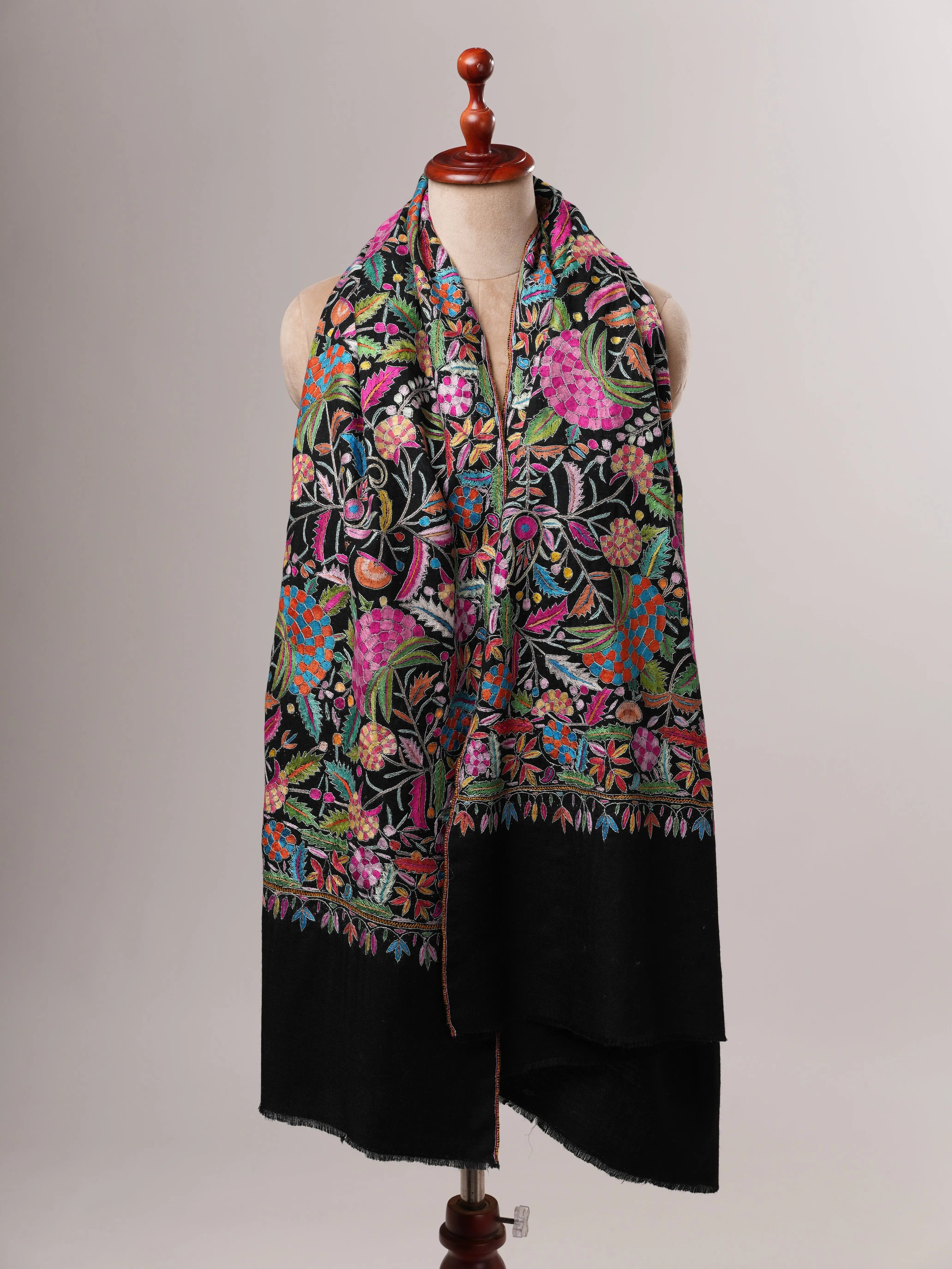 Black Pashmina Shawl with Handcrafted Floral Papermachie Motifs Shahkaar