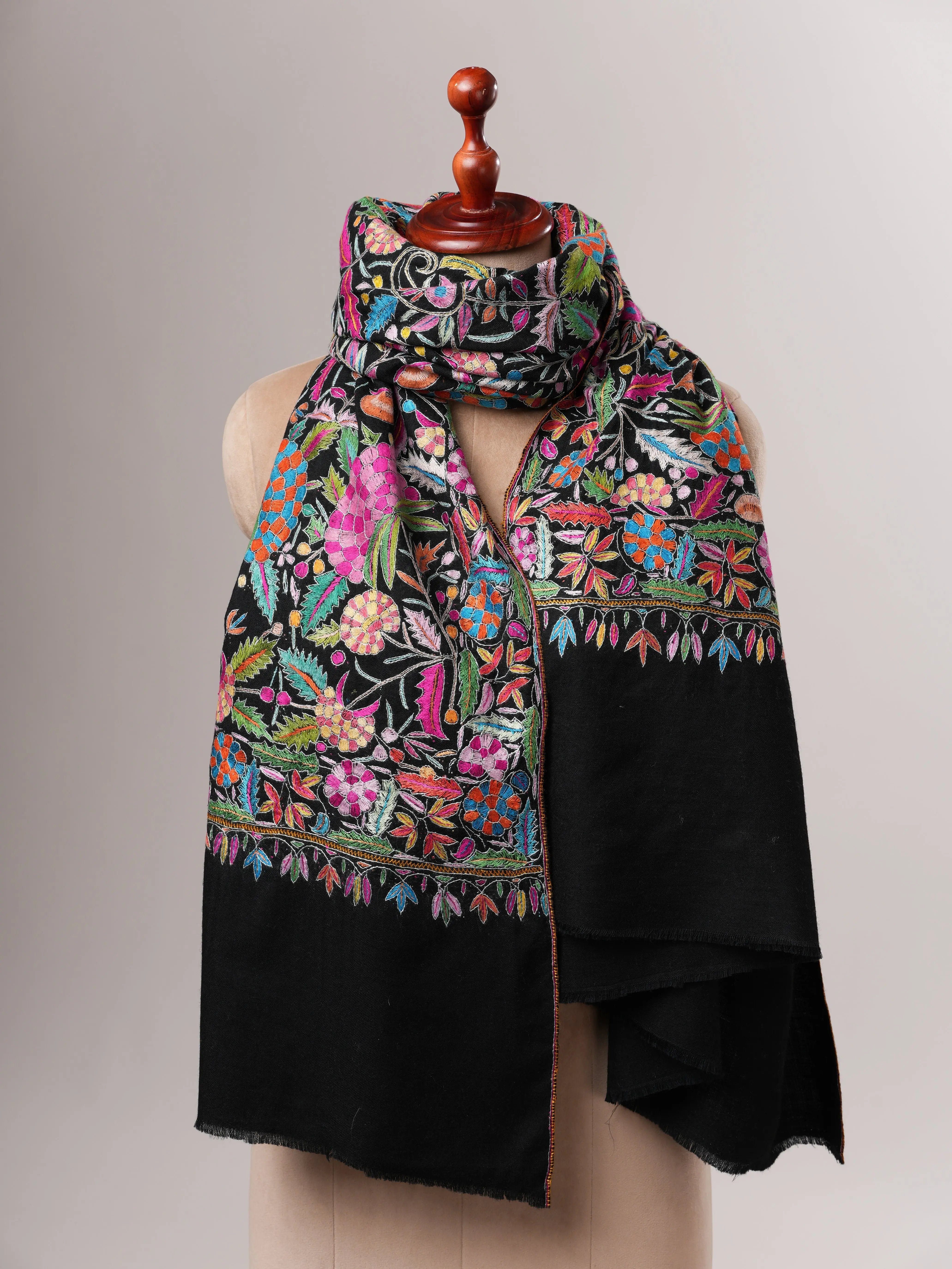 Black Pashmina Shawl with Handcrafted Floral Papermachie Motifs Shahkaar