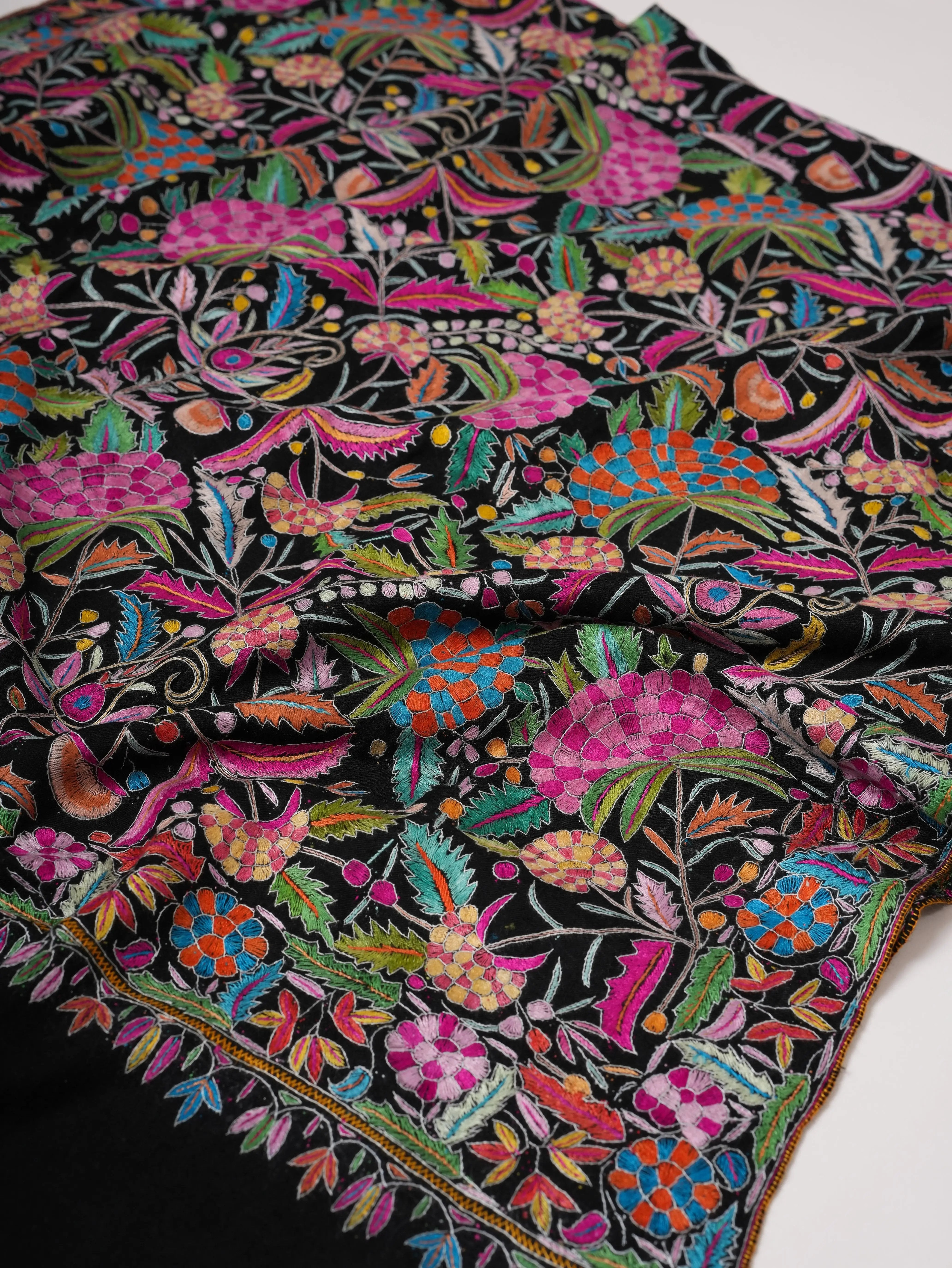 Black Pashmina Shawl with Handcrafted Floral Papermachie Motifs Shahkaar
