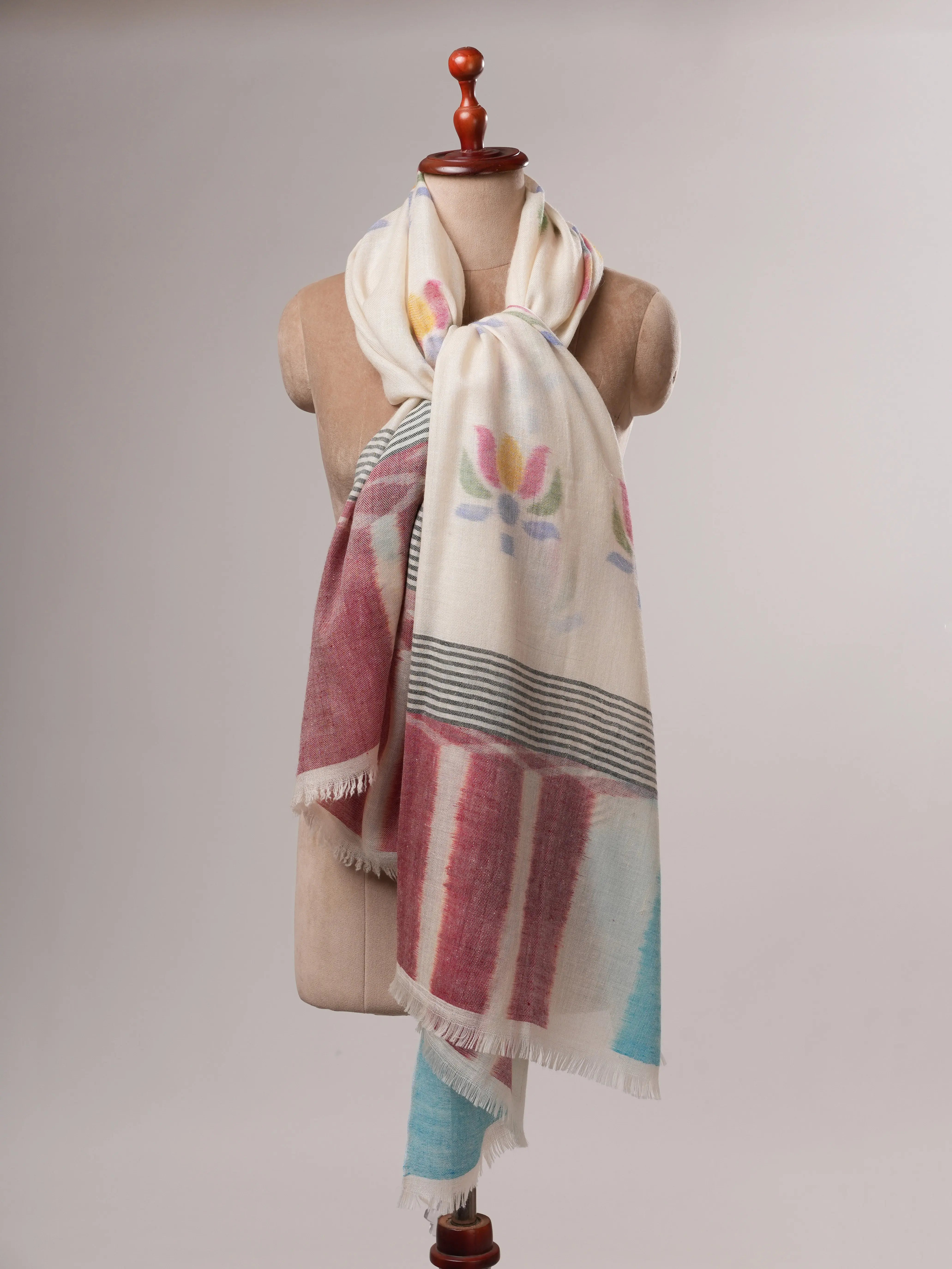 Artisan Crafted Pure Pashmina Shawl with Ikat Floral Motifs Shahkaar