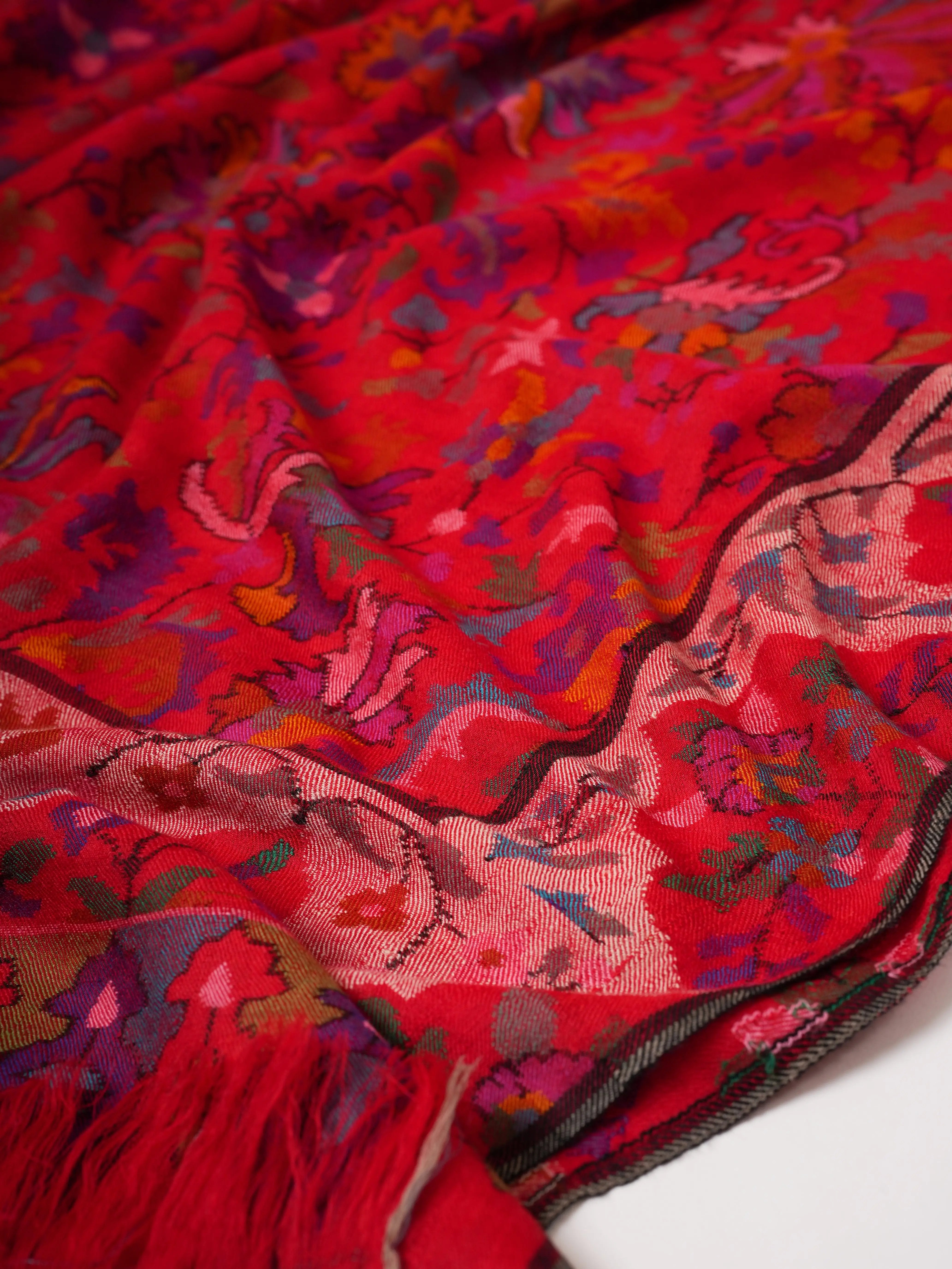 Handwoven Blood Red Kani Pashmina Jamavar Shawl Shahkaar
