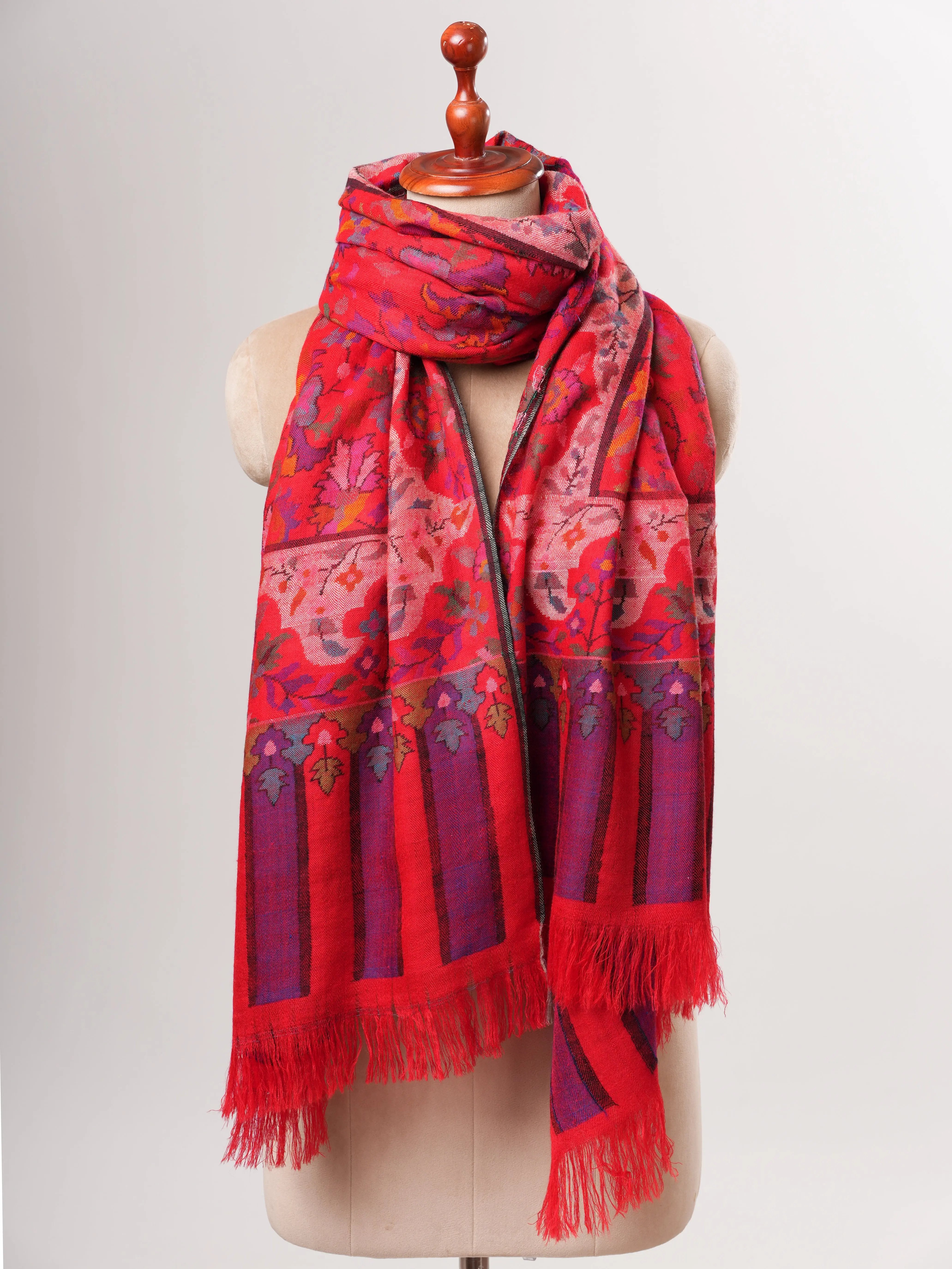 Handwoven Blood Red Kani Pashmina Jamavar Shawl Shahkaar