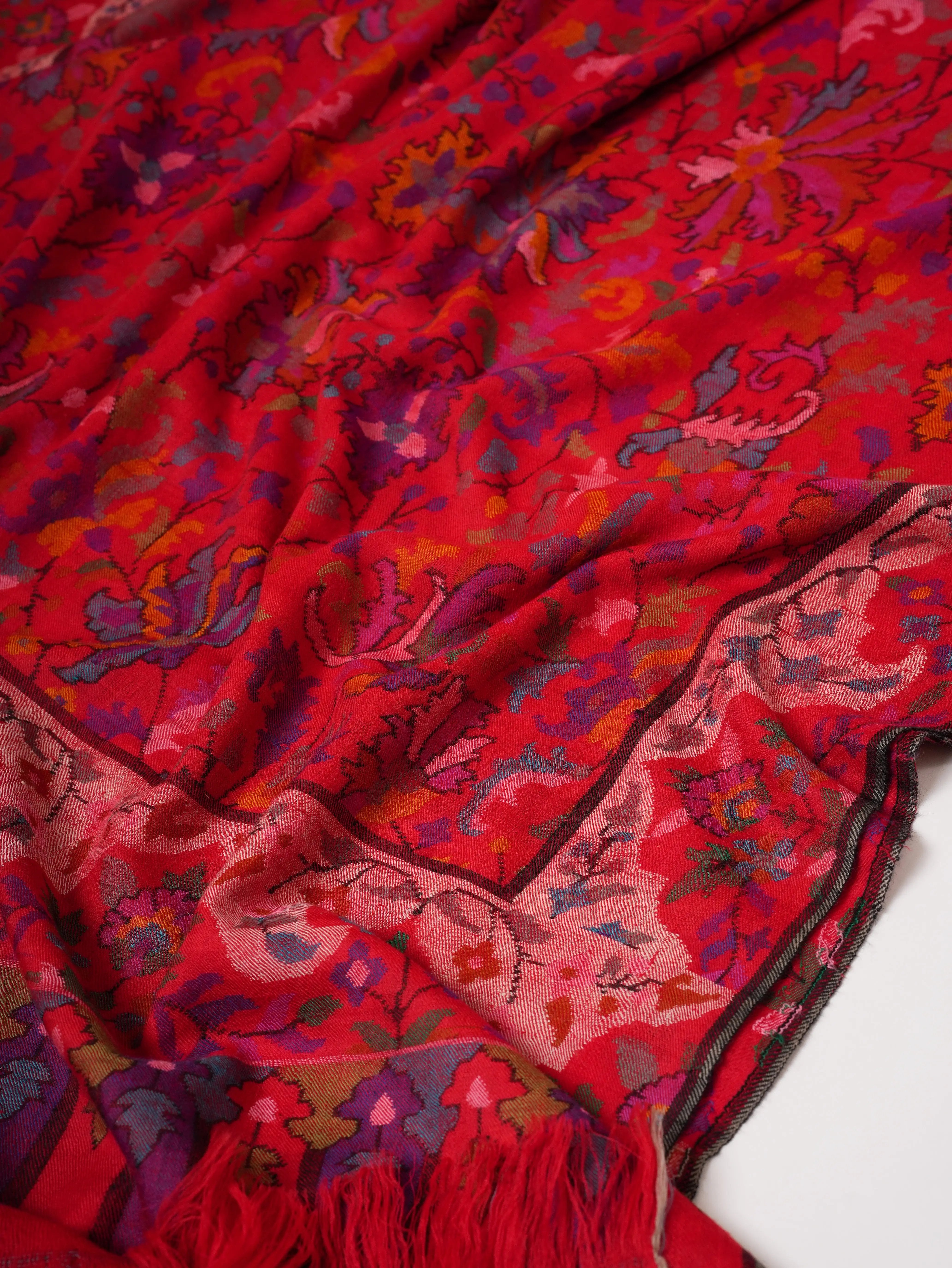 Handwoven Blood Red Kani Pashmina Jamavar Shawl Shahkaar