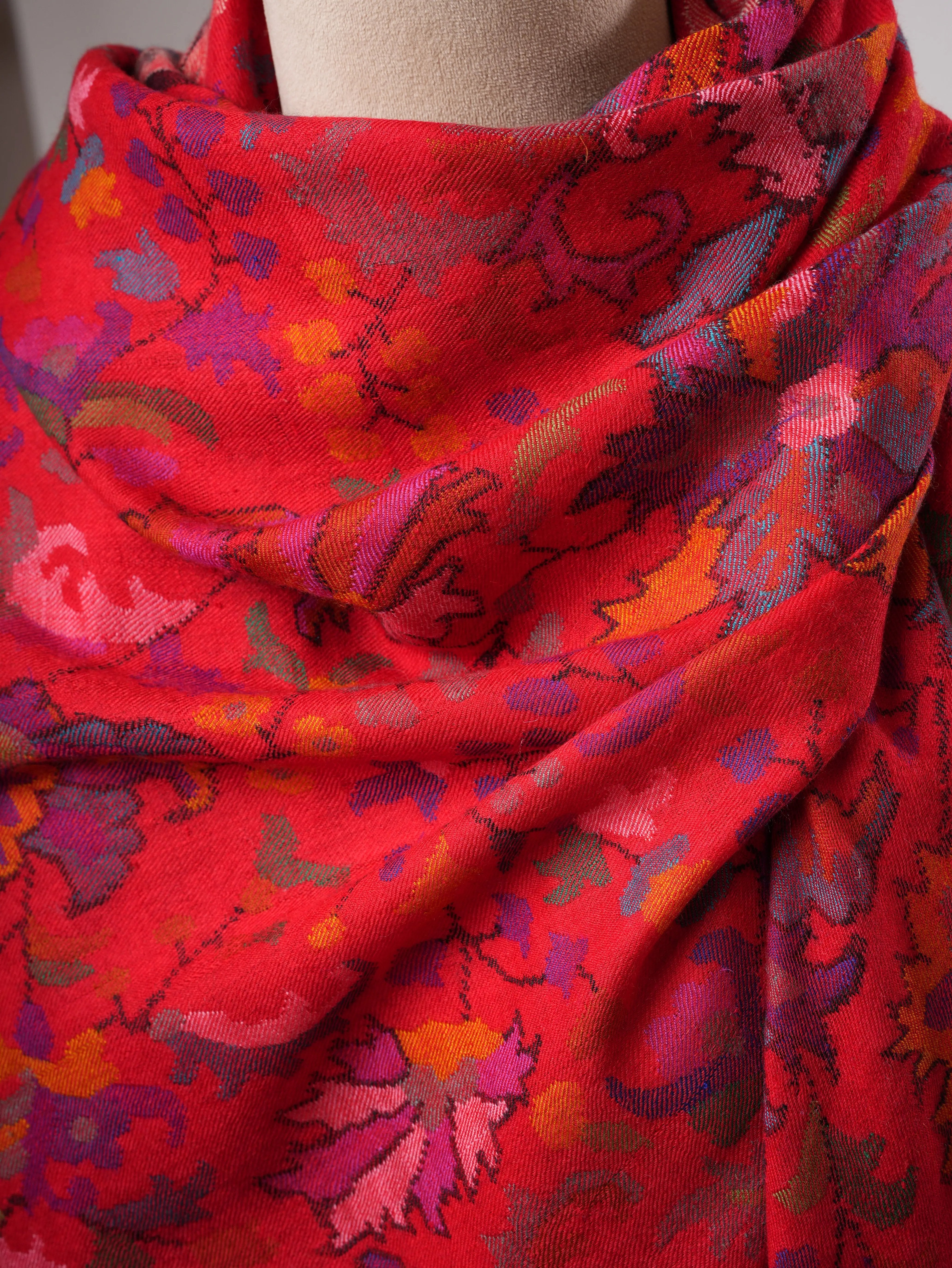 Handwoven Blood Red Kani Pashmina Jamavar Shawl Shahkaar