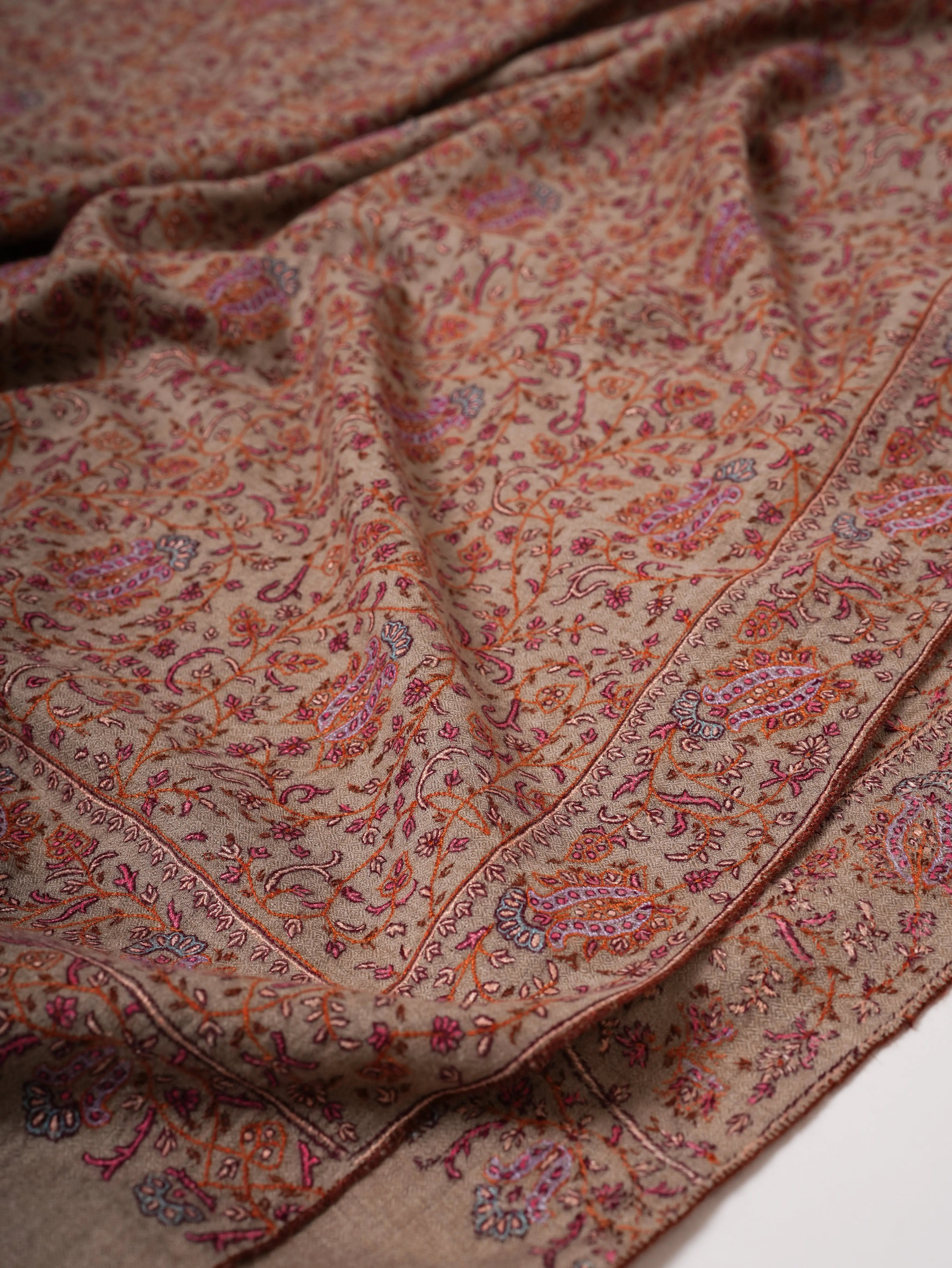 Handwoven Natural Grey Pashmina Shawl with Khakikaar Jali Embroidery Shahkaar