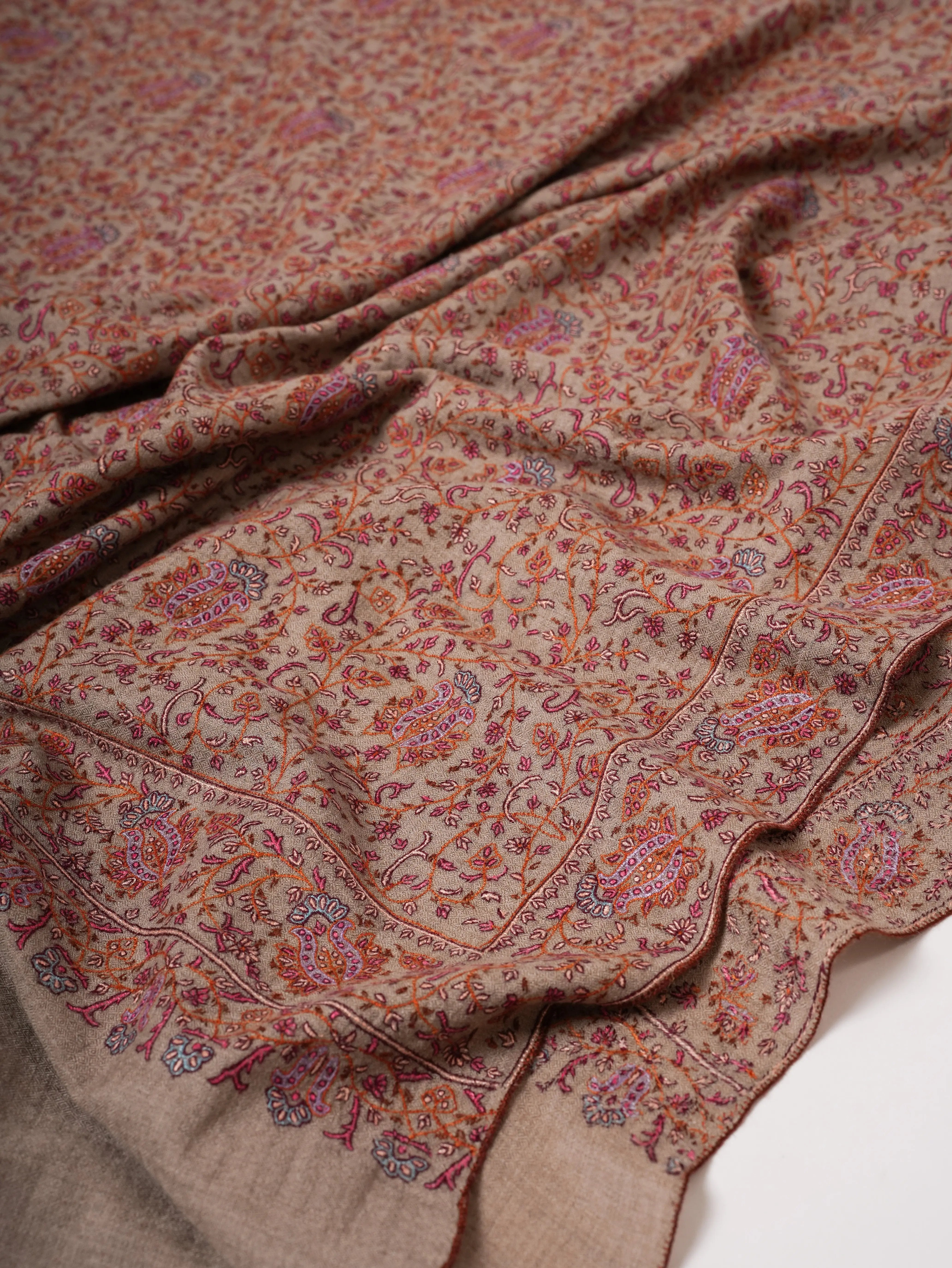 Handwoven Natural Grey Pashmina Shawl with Khakikaar Jali Embroidery Shahkaar