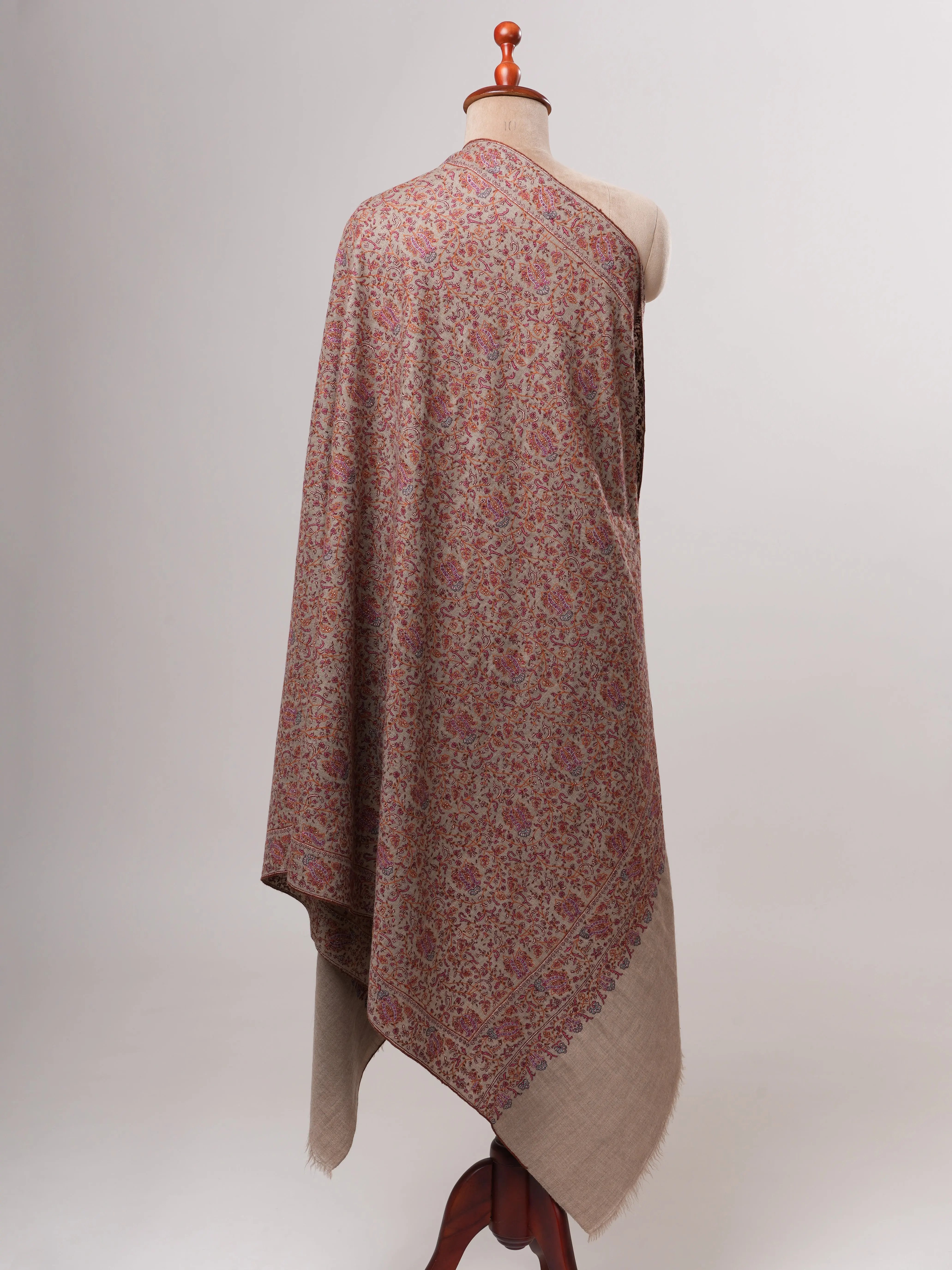 Handwoven Natural Grey Pashmina Shawl with Khakikaar Jali Embroidery Shahkaar