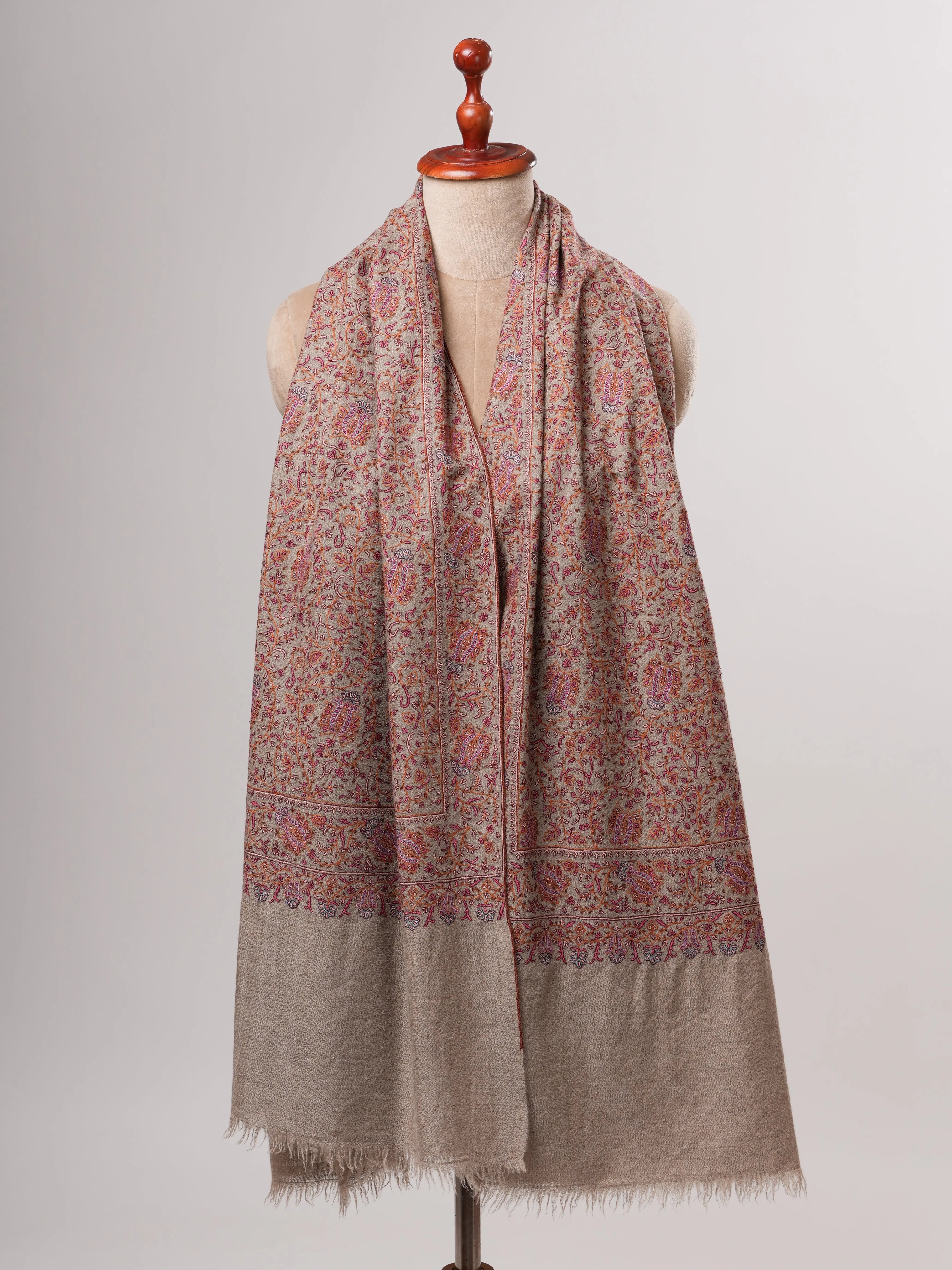 Handwoven Natural Grey Pashmina Shawl with Khakikaar Jali Embroidery Shahkaar