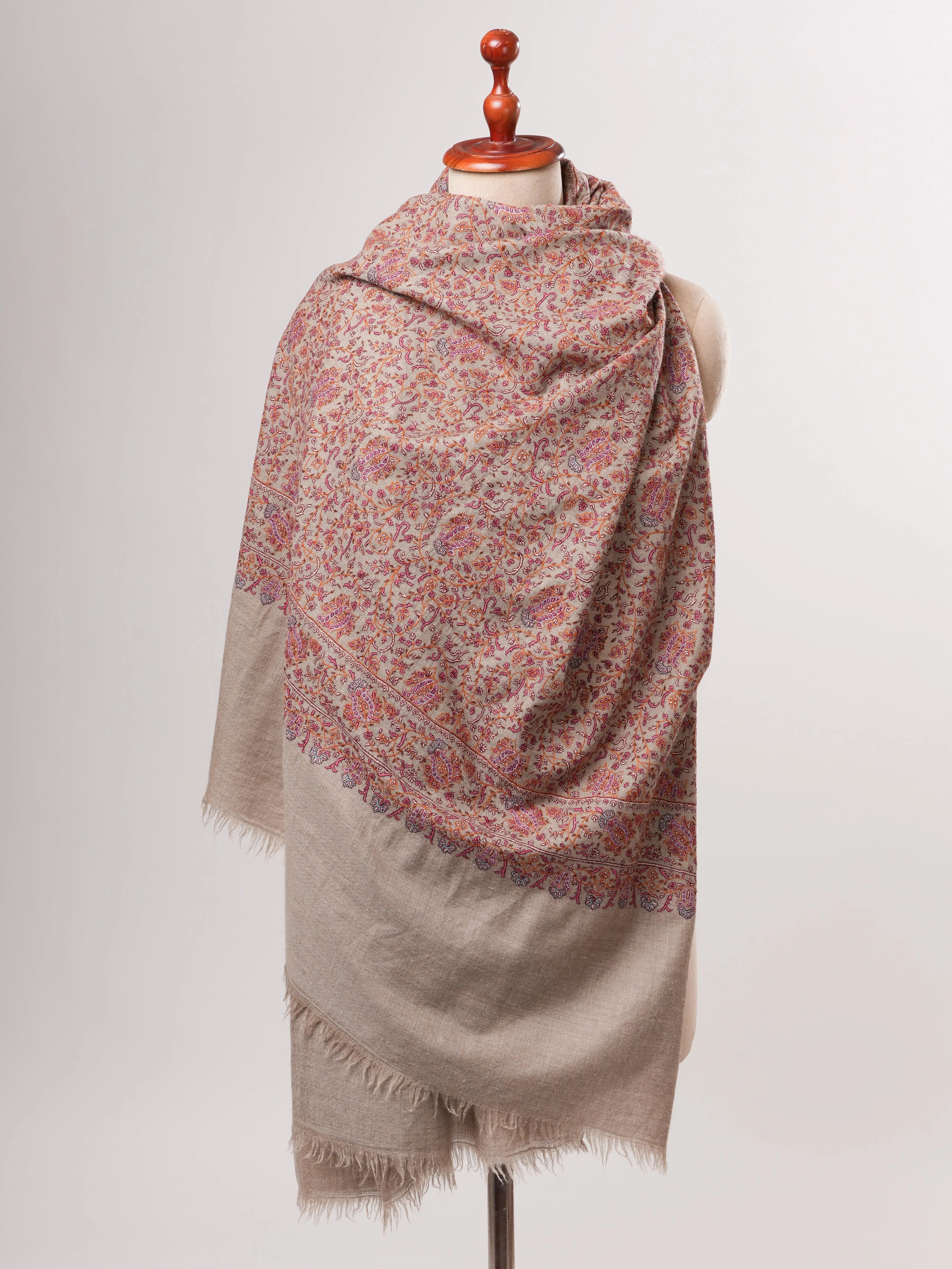 Handwoven Natural Grey Pashmina Shawl with Khakikaar Jali Embroidery Shahkaar