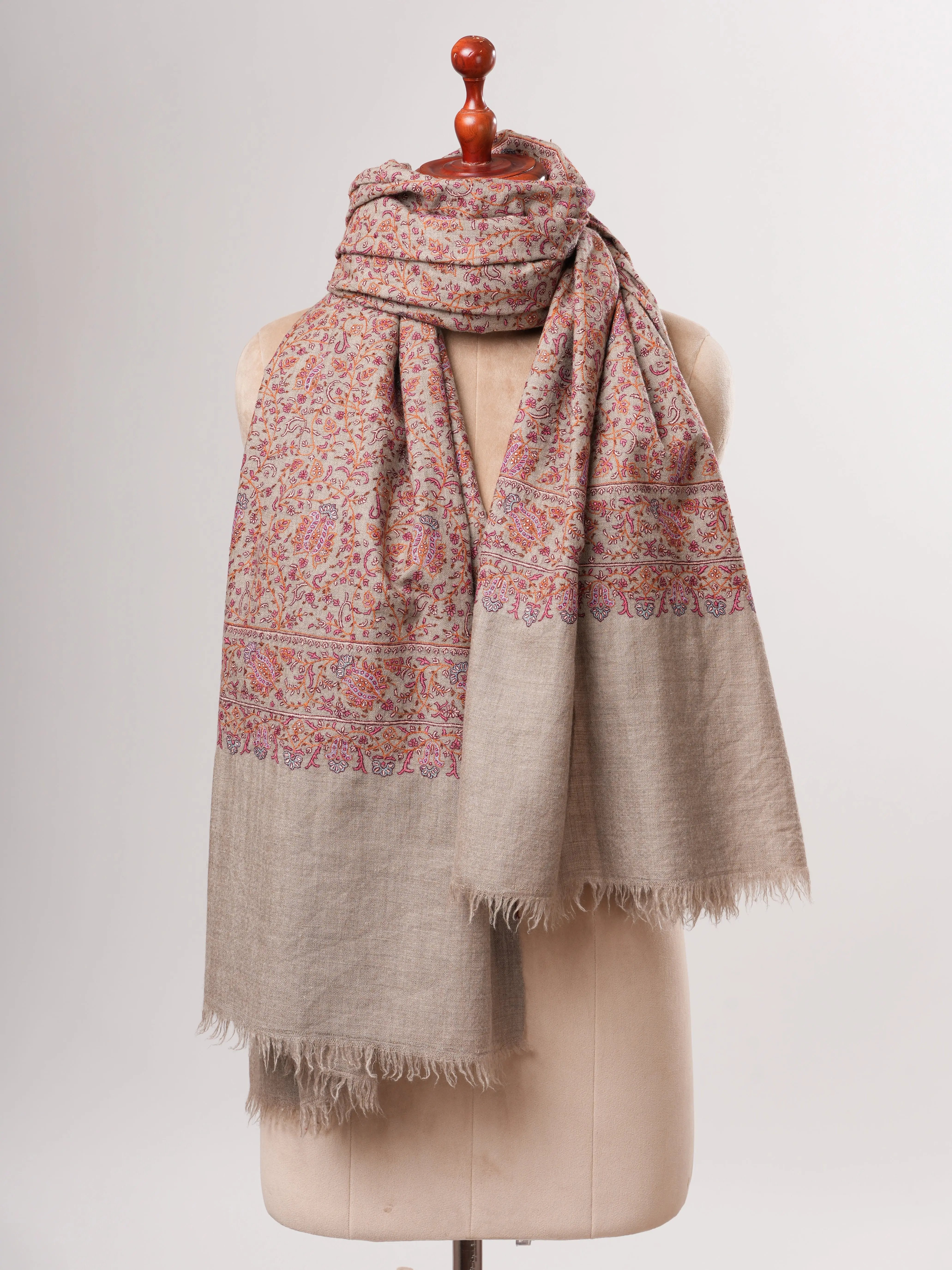 Handwoven Natural Grey Pashmina Shawl with Khakikaar Jali Embroidery Shahkaar