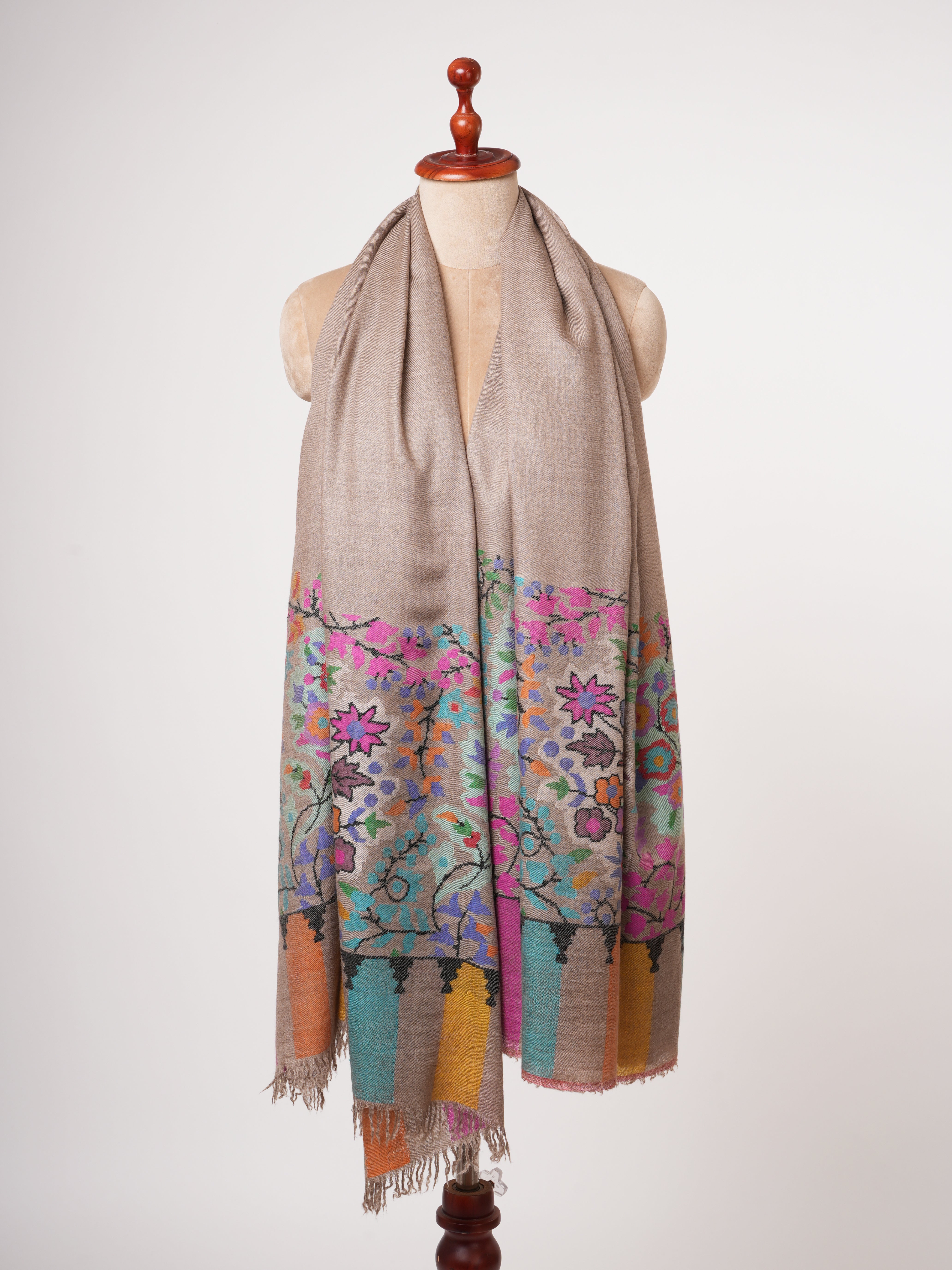 Natural Beige Kani Pashmina Shawl with Floral Motifs