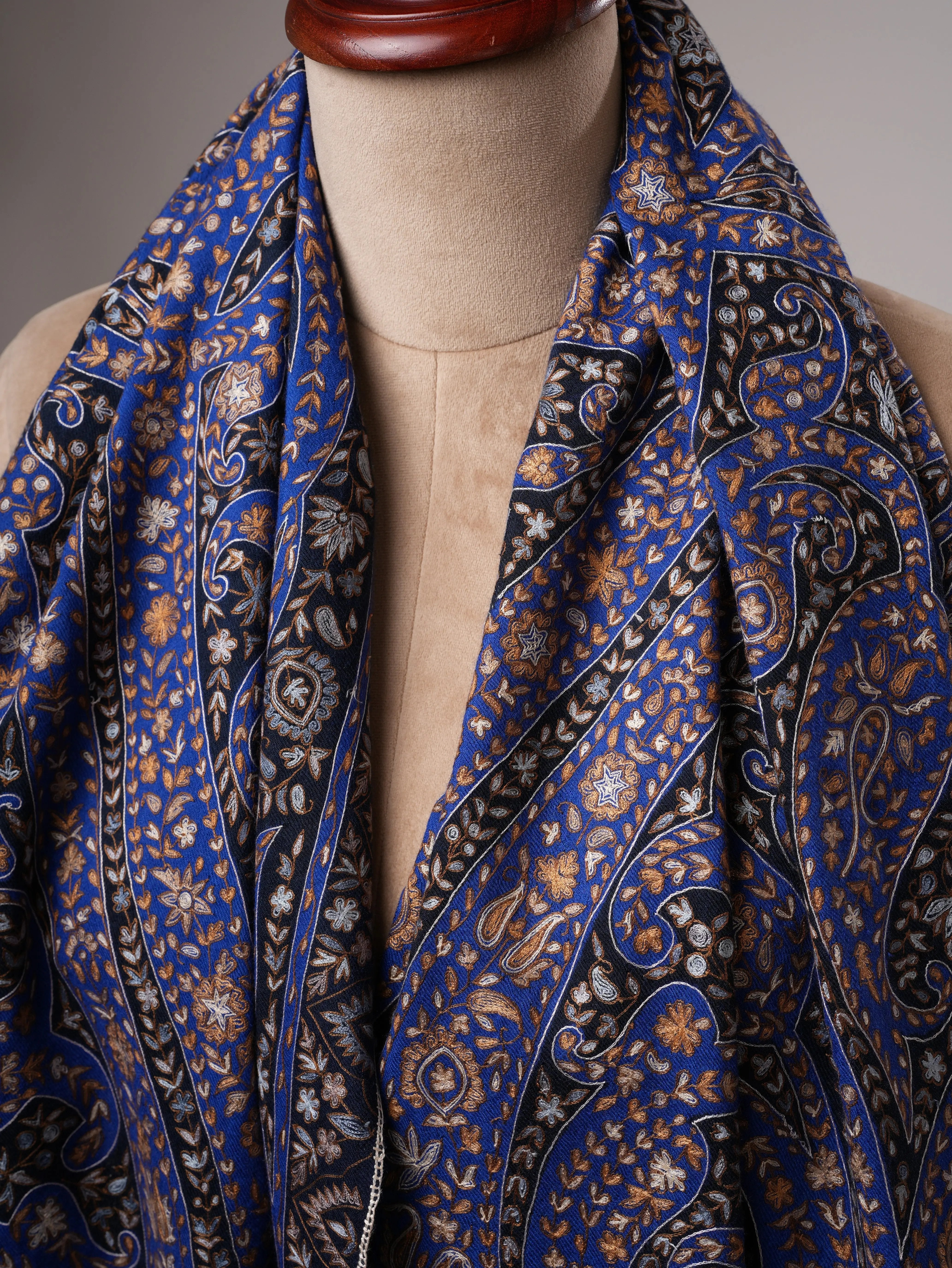 Blue Kalamkari Pashmina Shawl with Hand Hook Embroidery Shahkaar