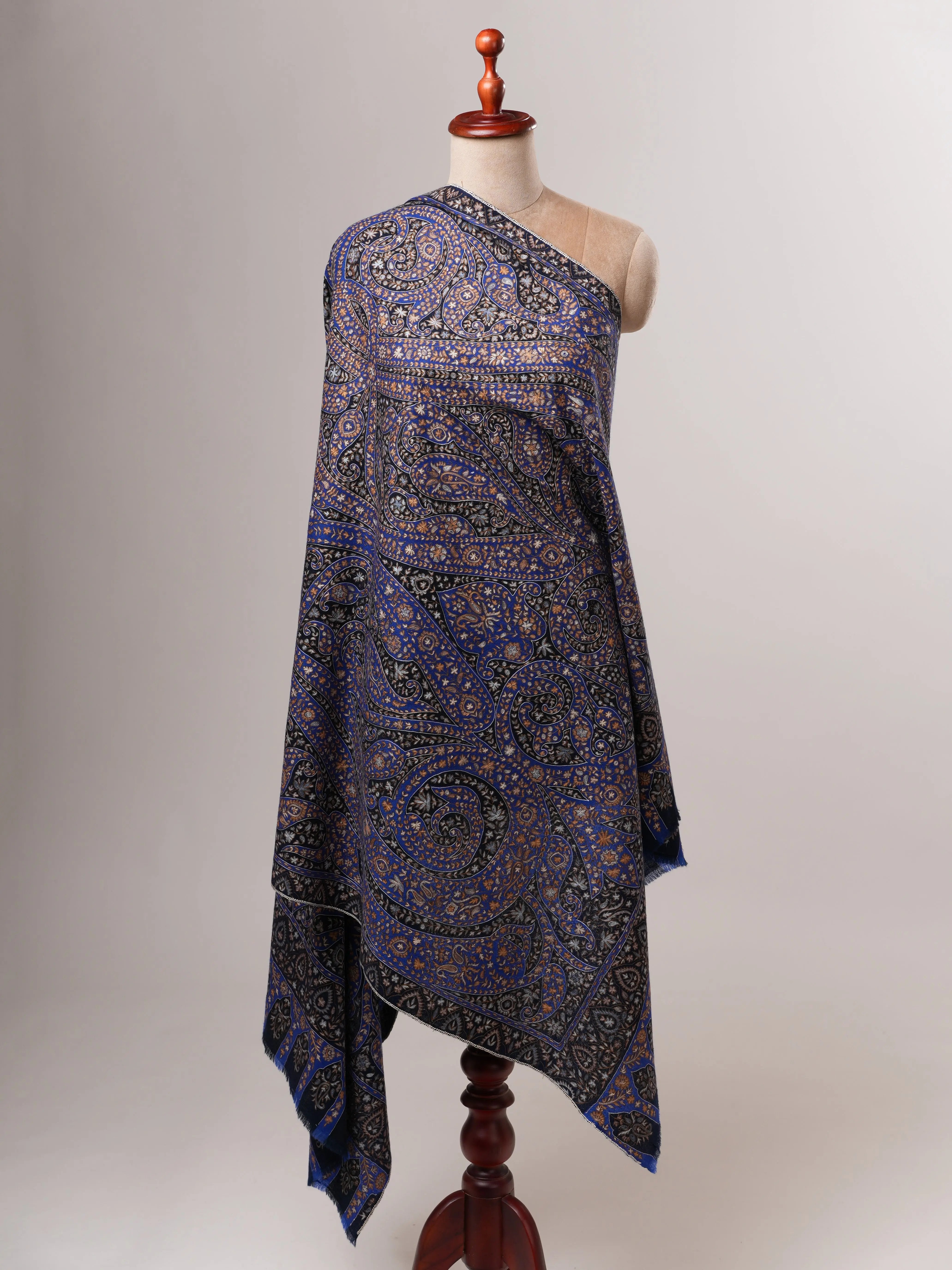 Blue Kalamkari Pashmina Shawl with Hand Hook Embroidery Shahkaar