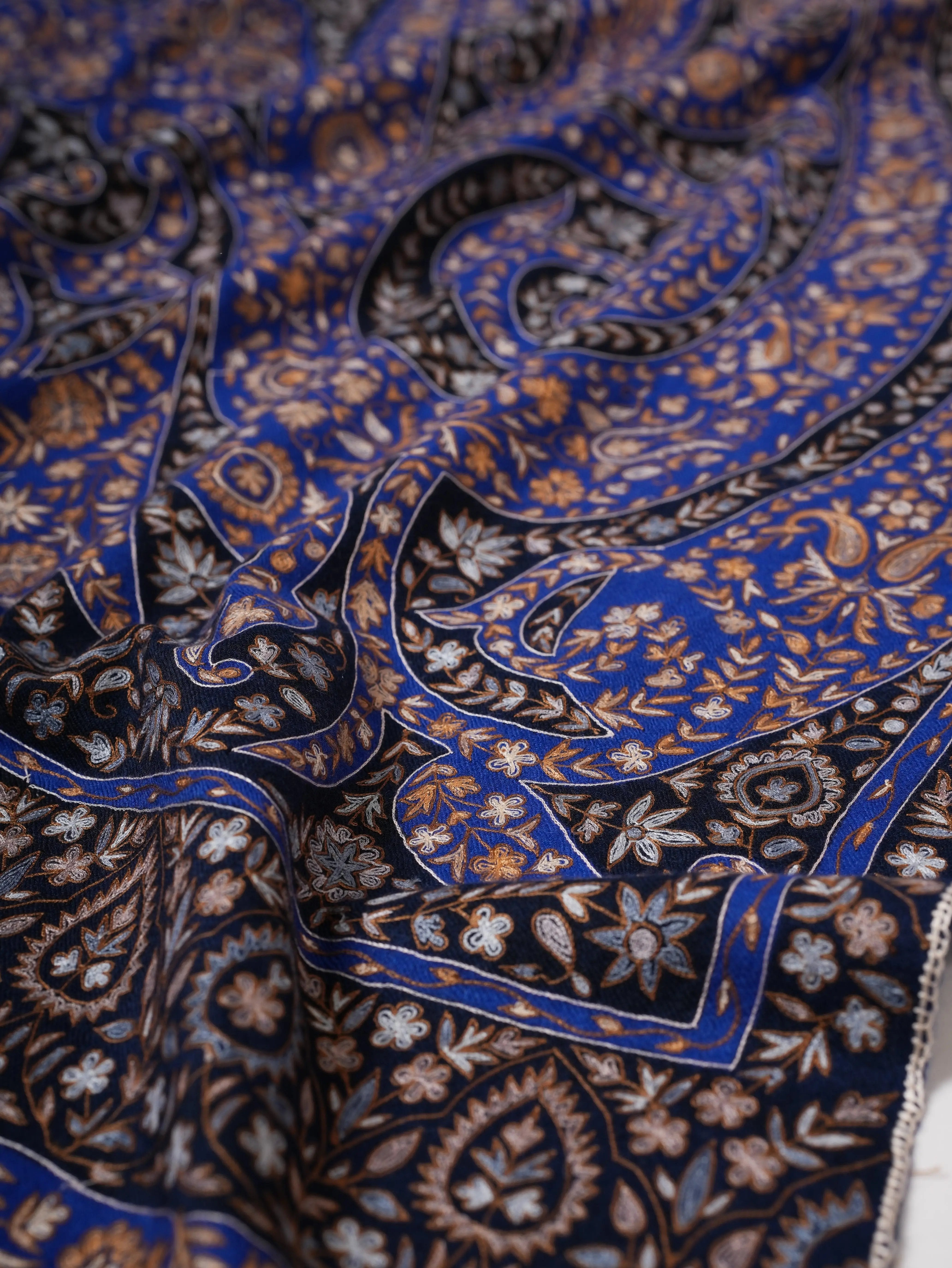 Blue Kalamkari Pashmina Shawl with Hand Hook Embroidery Shahkaar