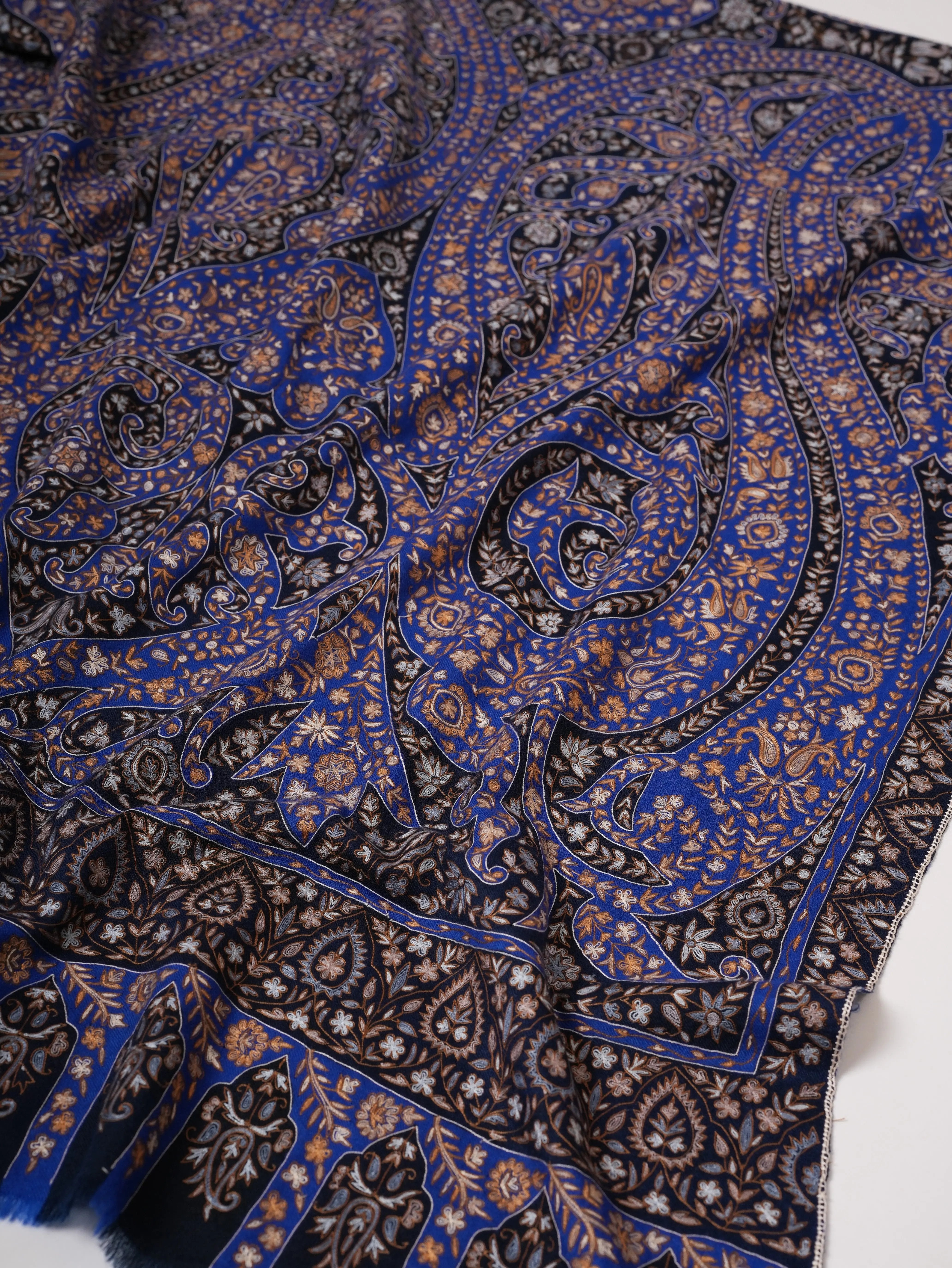 Blue Kalamkari Pashmina Shawl with Hand Hook Embroidery Shahkaar