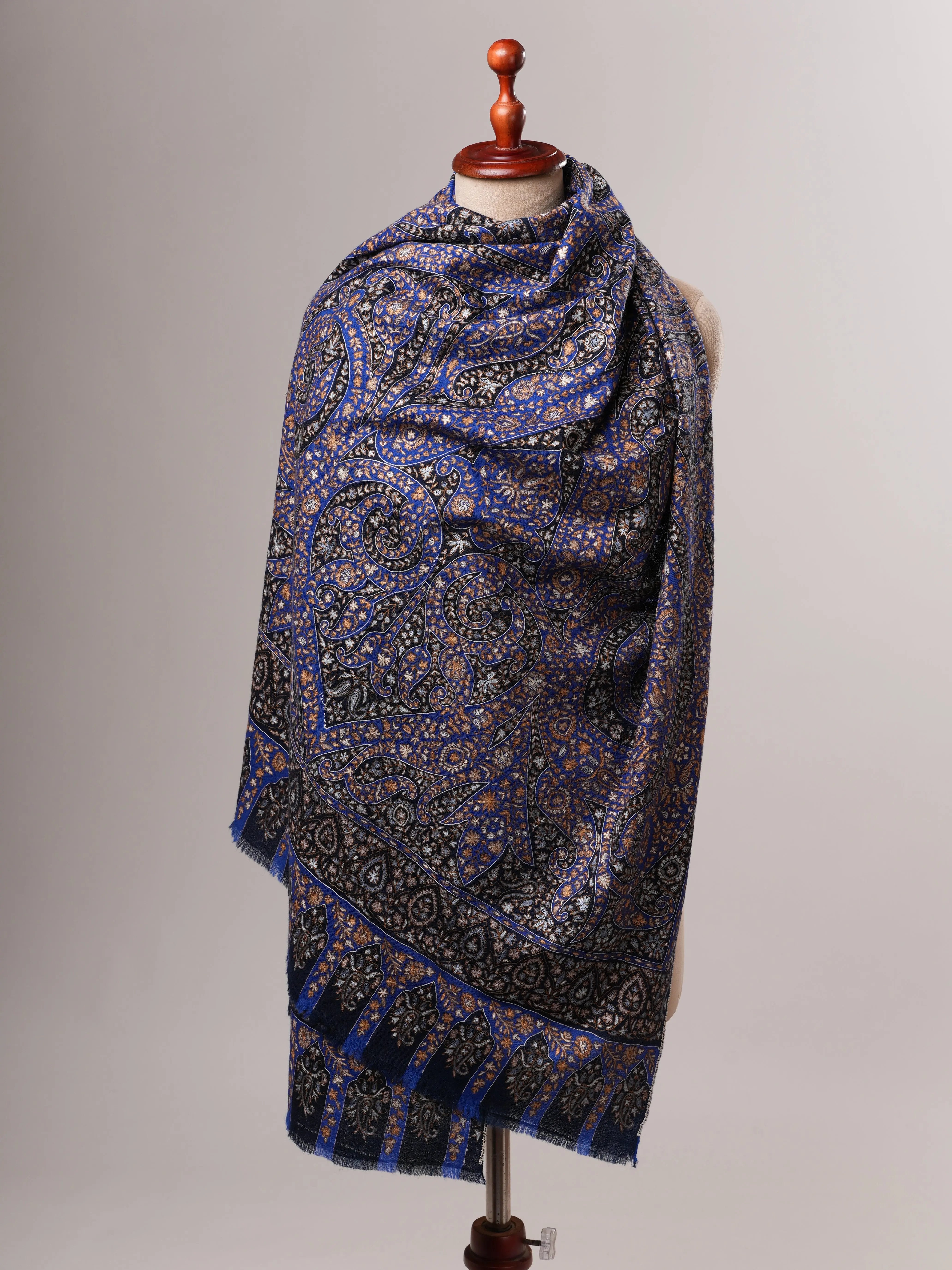Blue Kalamkari Pashmina Shawl with Hand Hook Embroidery Shahkaar
