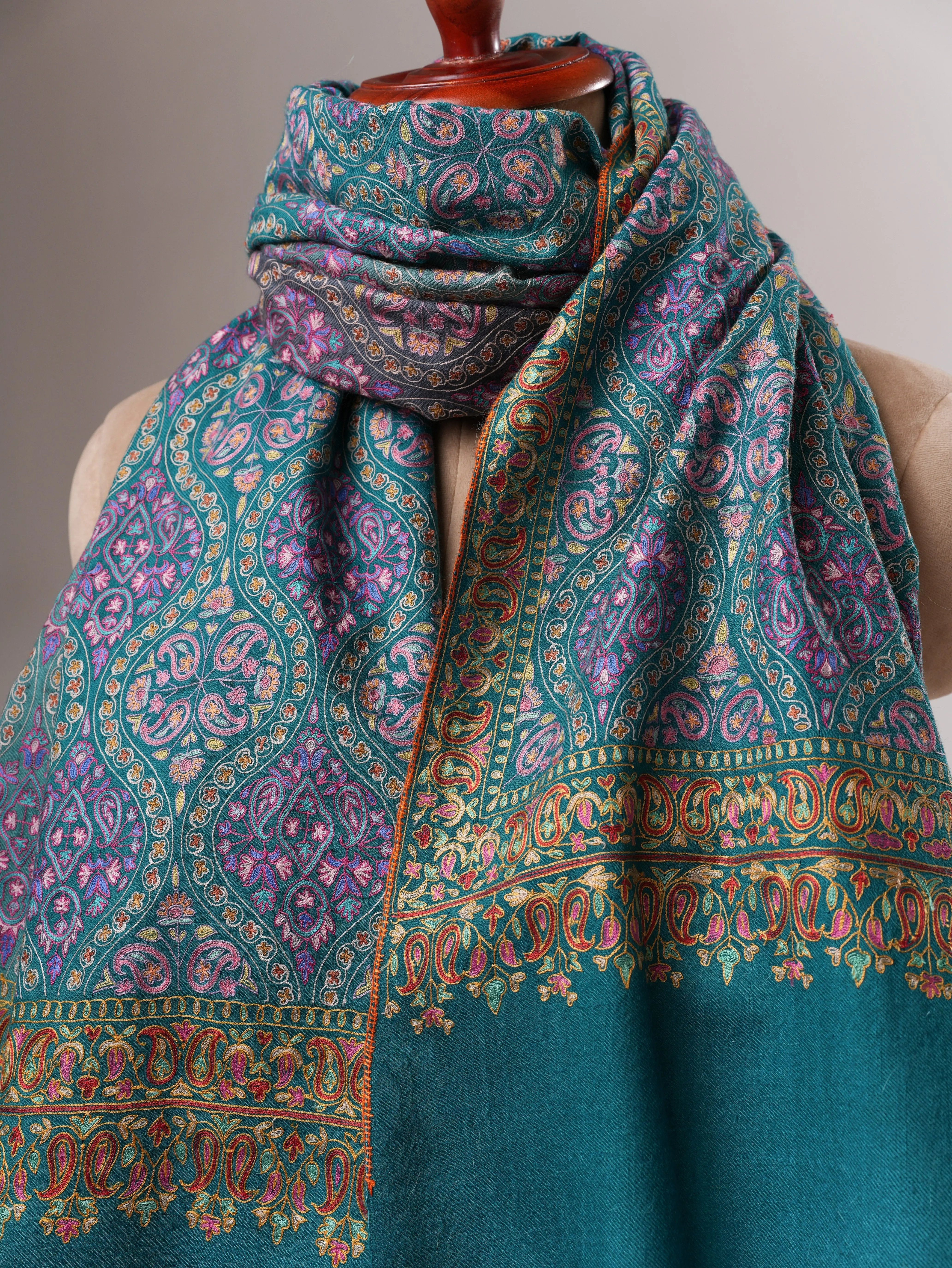 Kashmiri Pashmina Shawl in Turquoise Ombrie with Hand Hook Embroidery Shahkaar