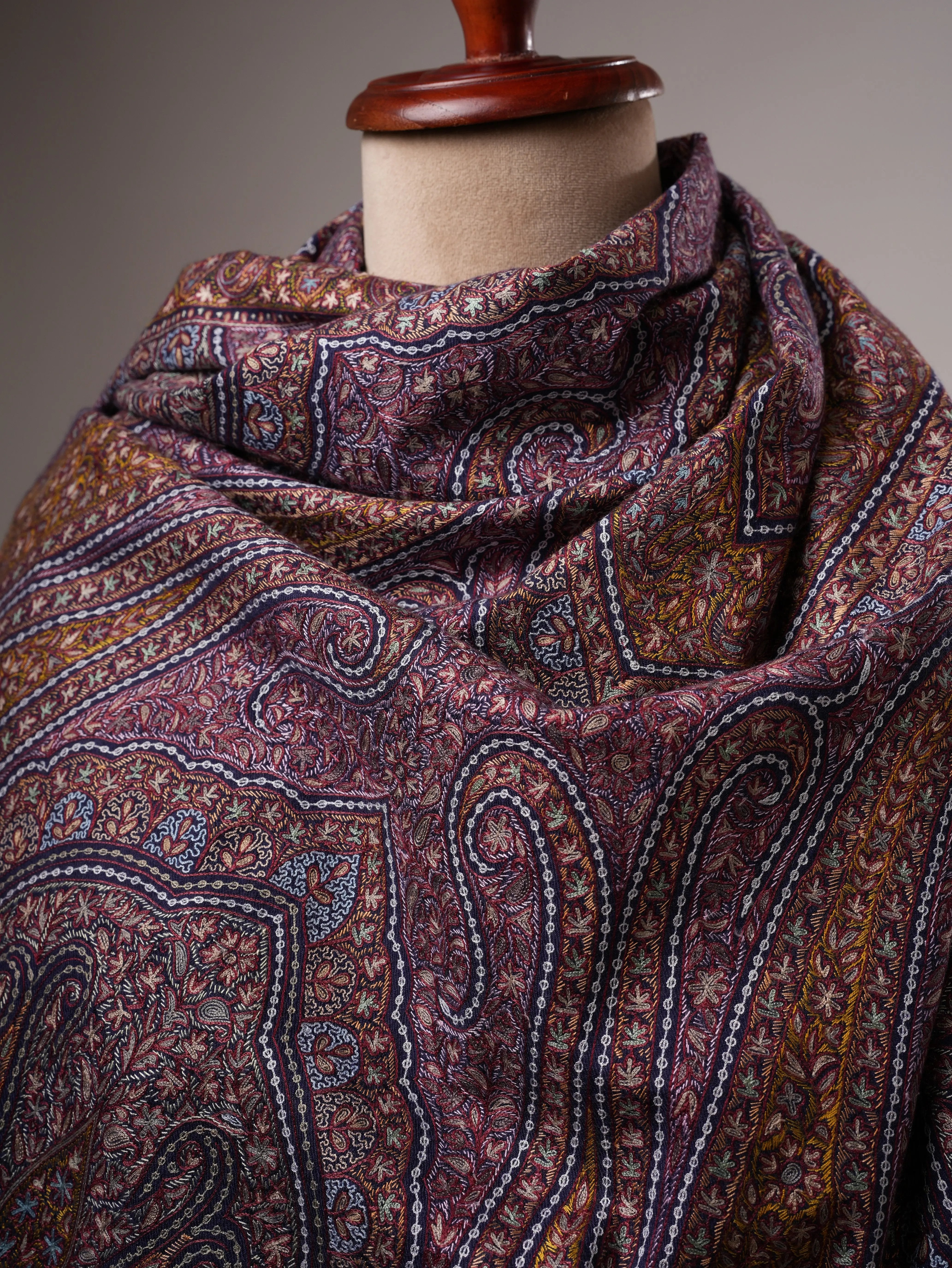 Dark Blue Jamavar Pashmina Shawl with Hand Hook & Sozni Embroidery Shahkaar