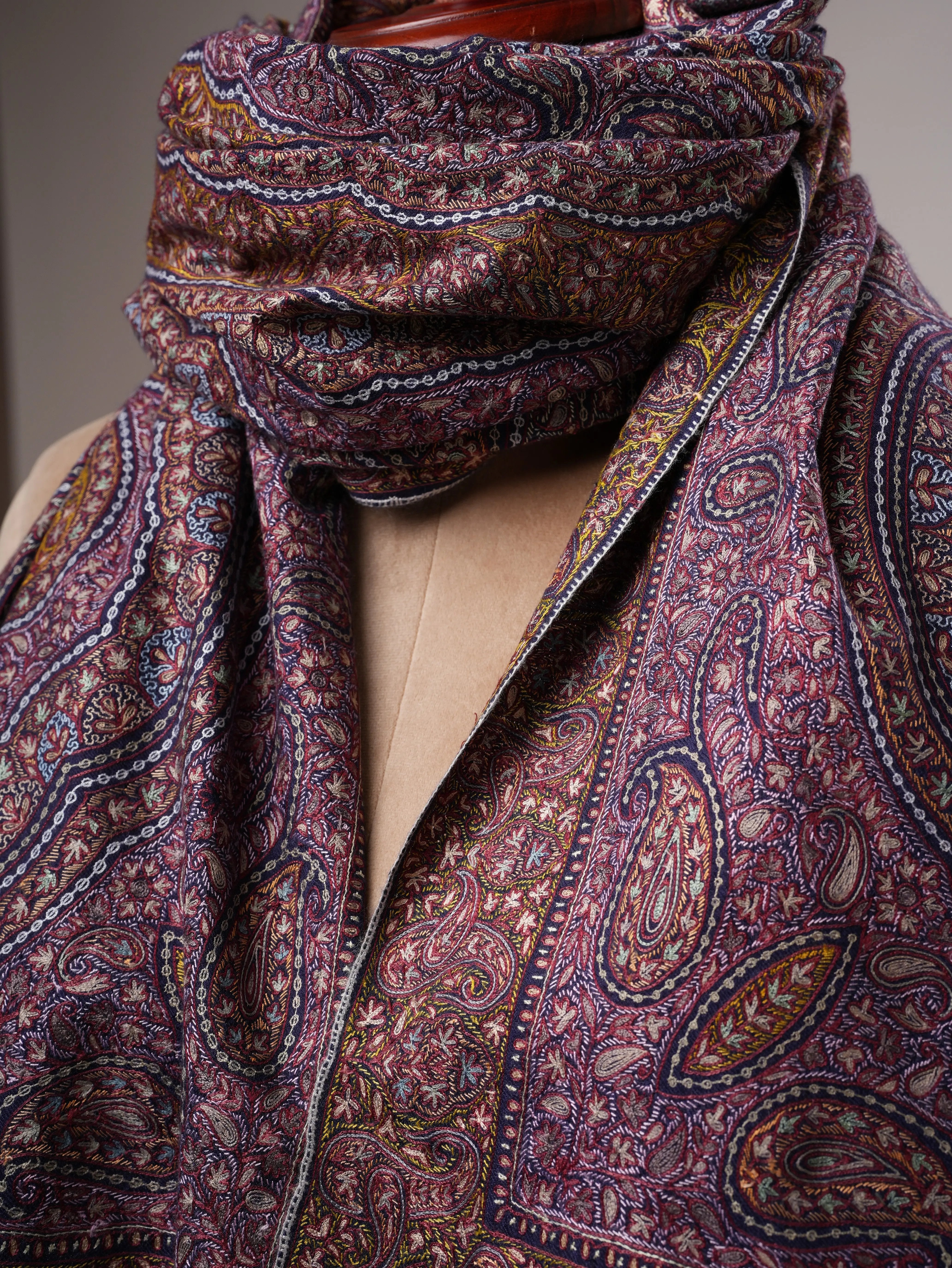 Dark Blue Jamavar Pashmina Shawl with Hand Hook & Sozni Embroidery Shahkaar