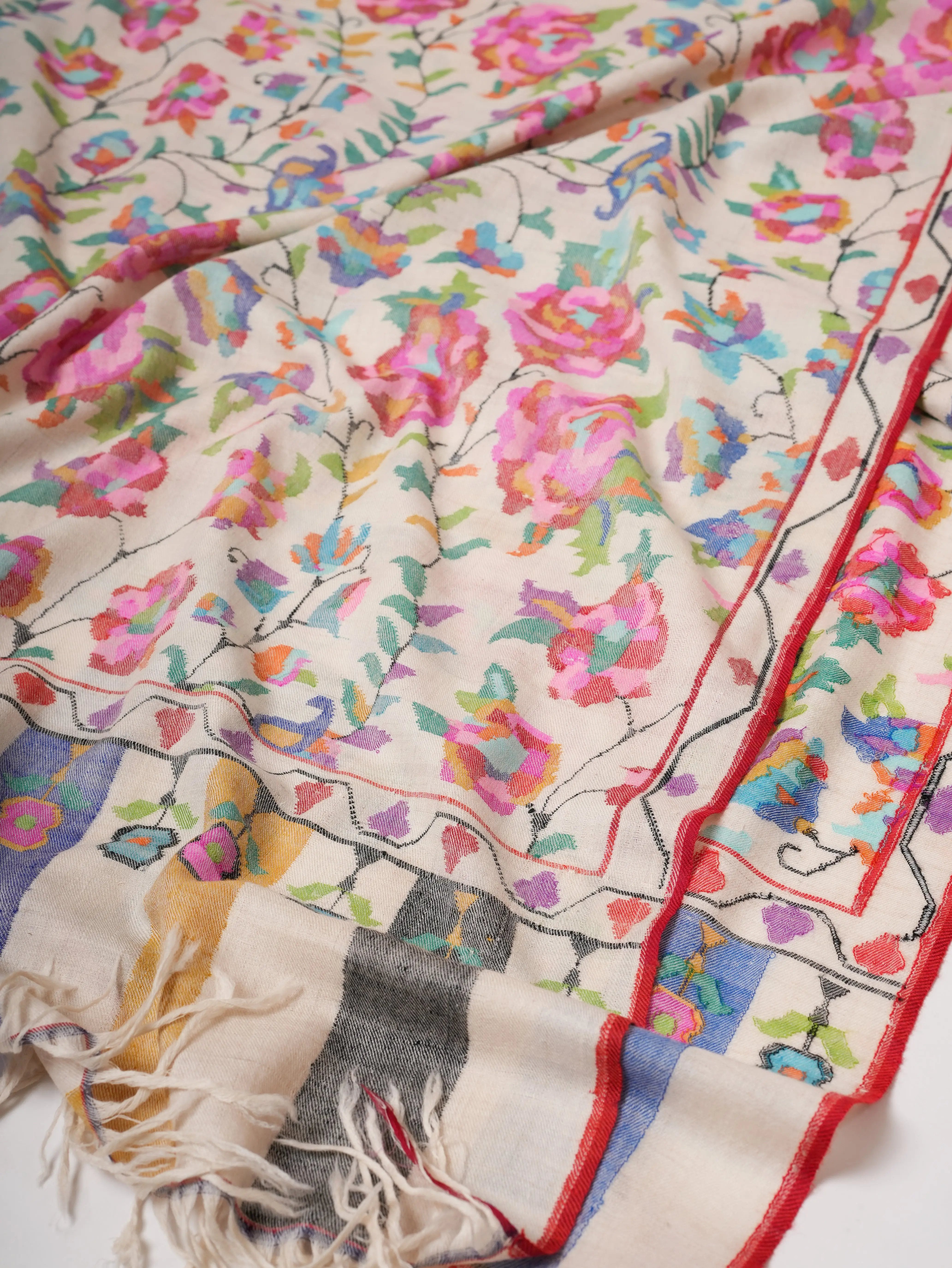 Ivory Kashmiri Kani Pashmina Shawl with Handwoven Floral Motifs Shahkaar