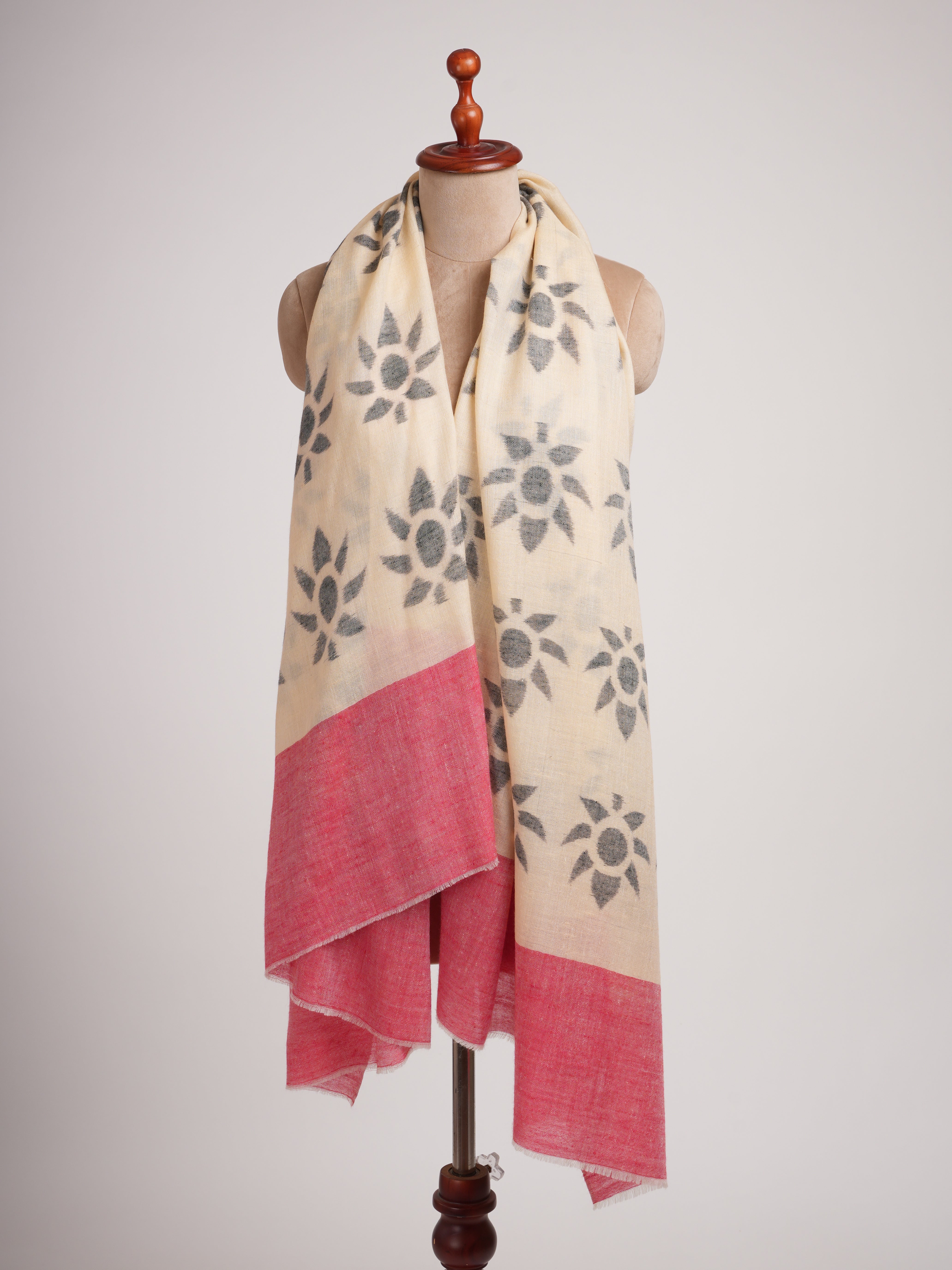 Cream Red Black Handwoven Space Dye Pashmina Shawl