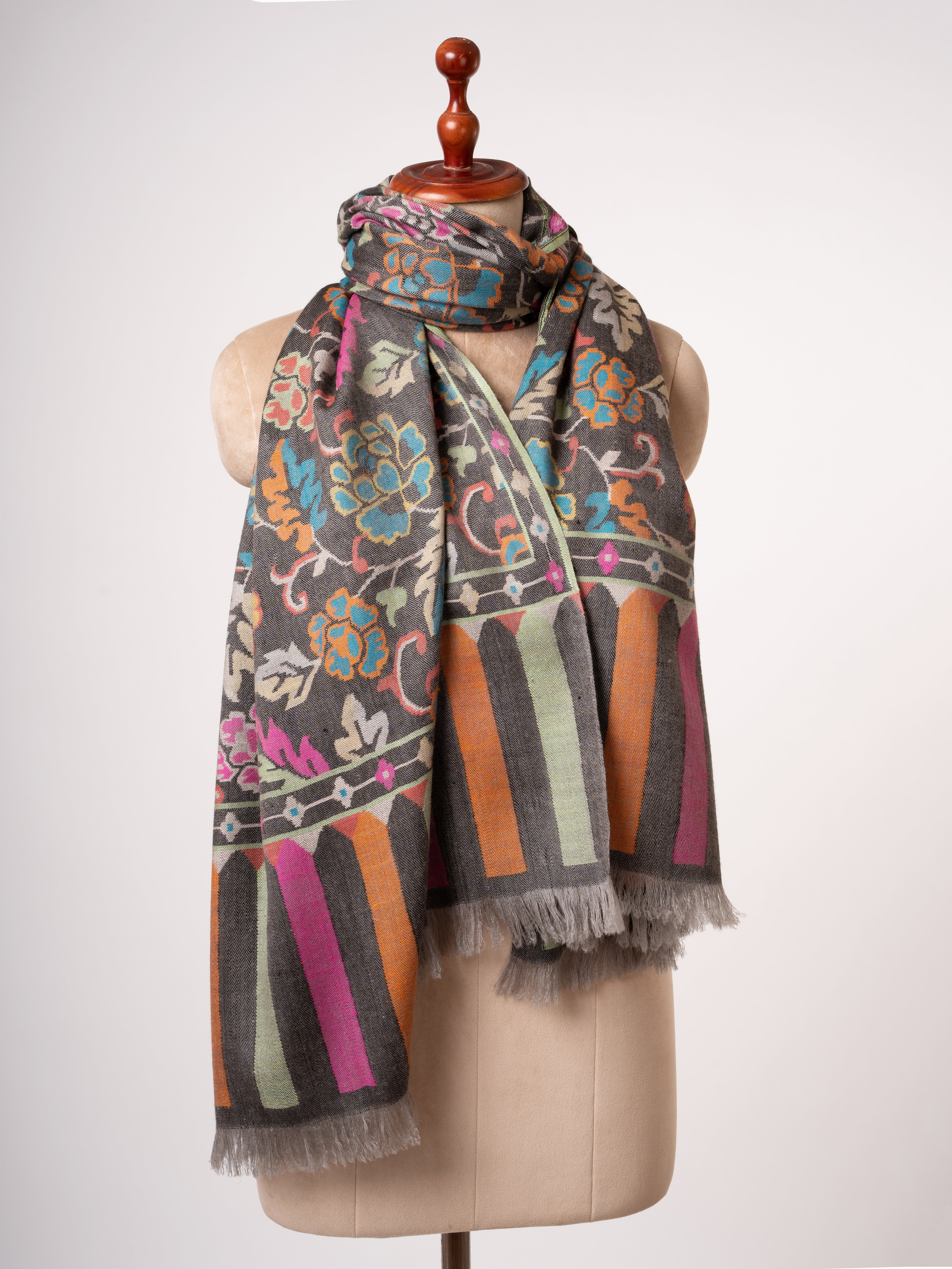 Carbon Black Kani Pashmina Jamavar Shawl Handwoven Heirloom