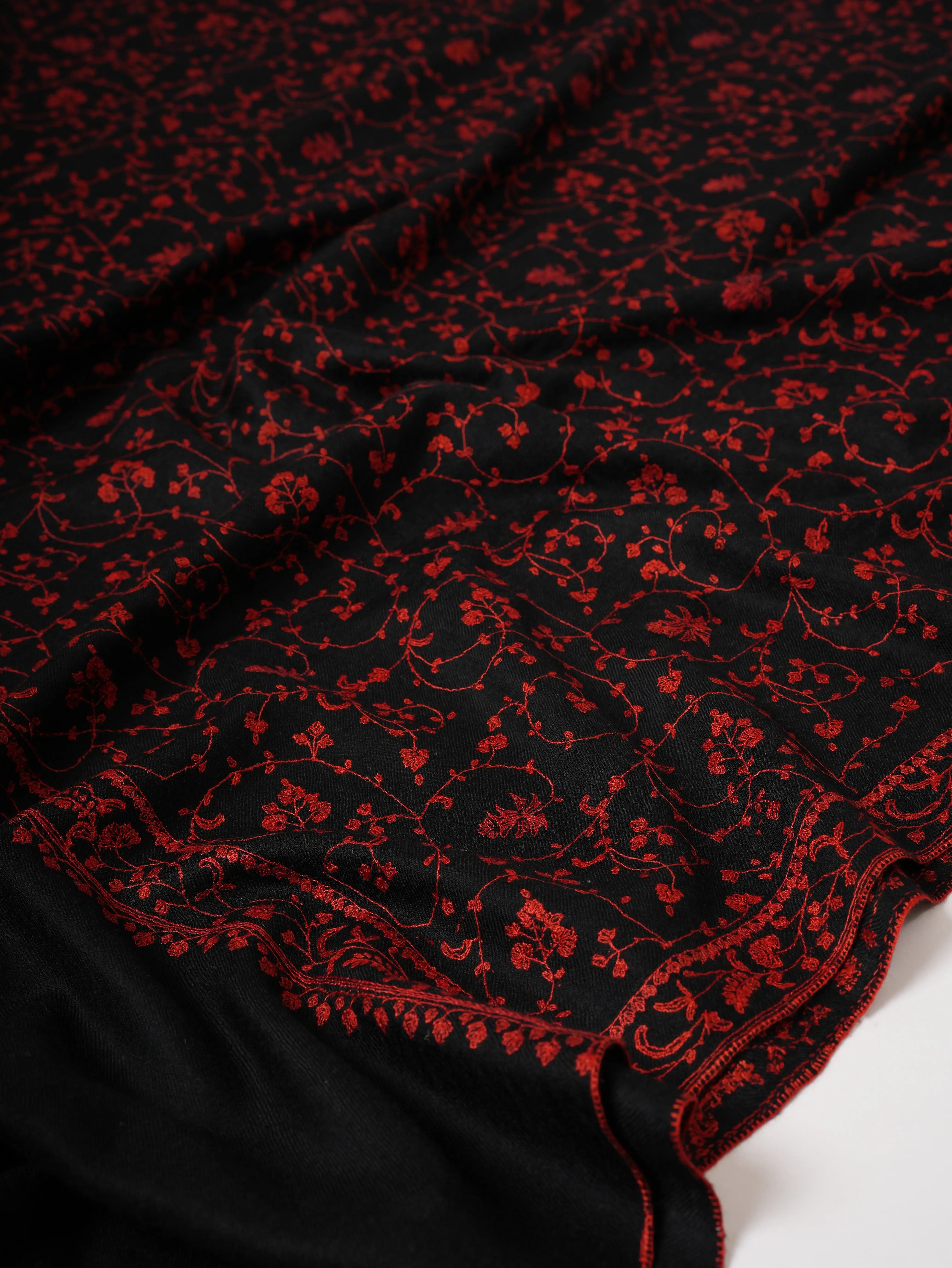 Black Handloomed Pashmina Shawl with Red Embroidery Shahkaar