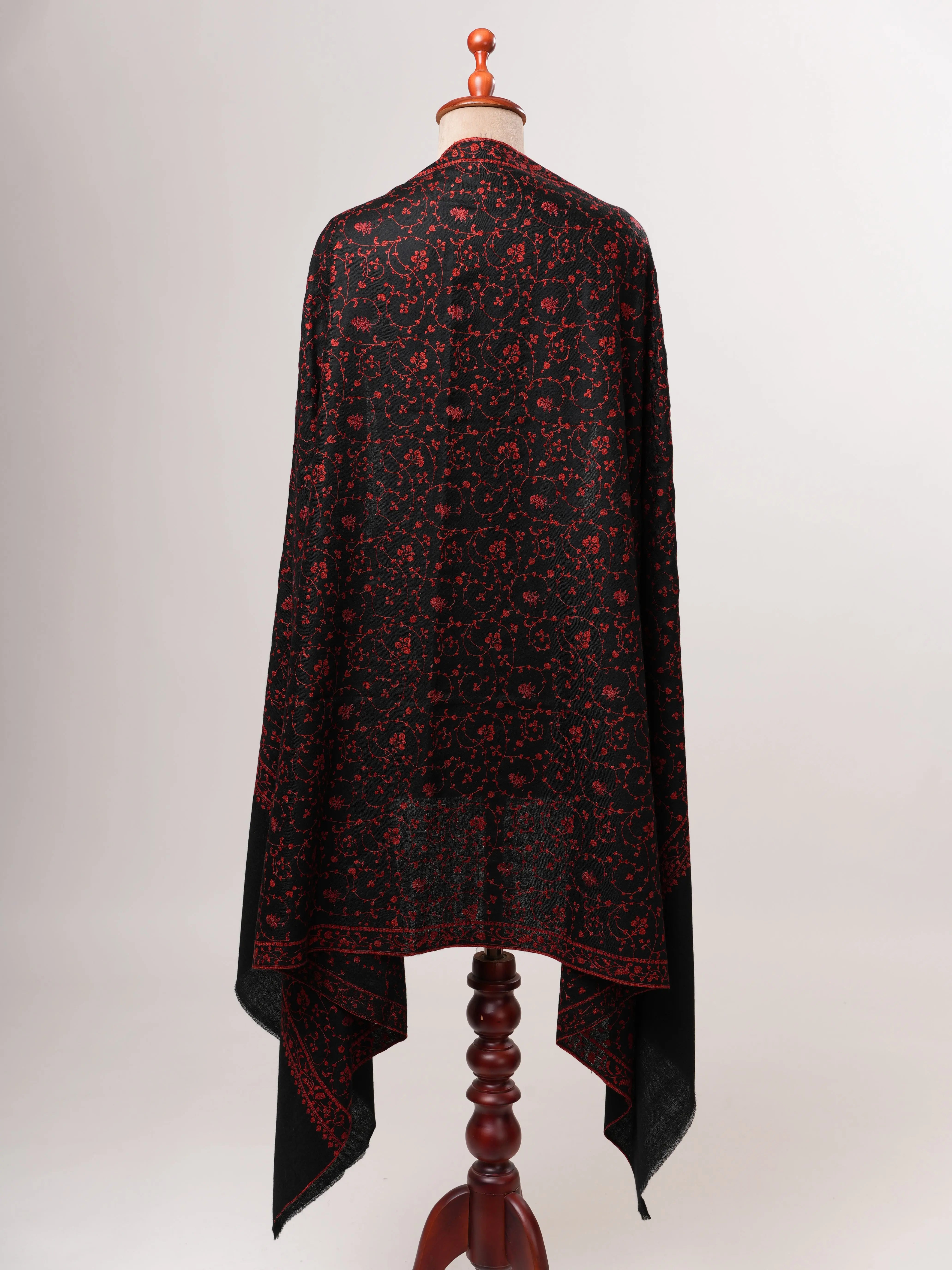 Black Handloomed Pashmina Shawl with Red Embroidery Shahkaar