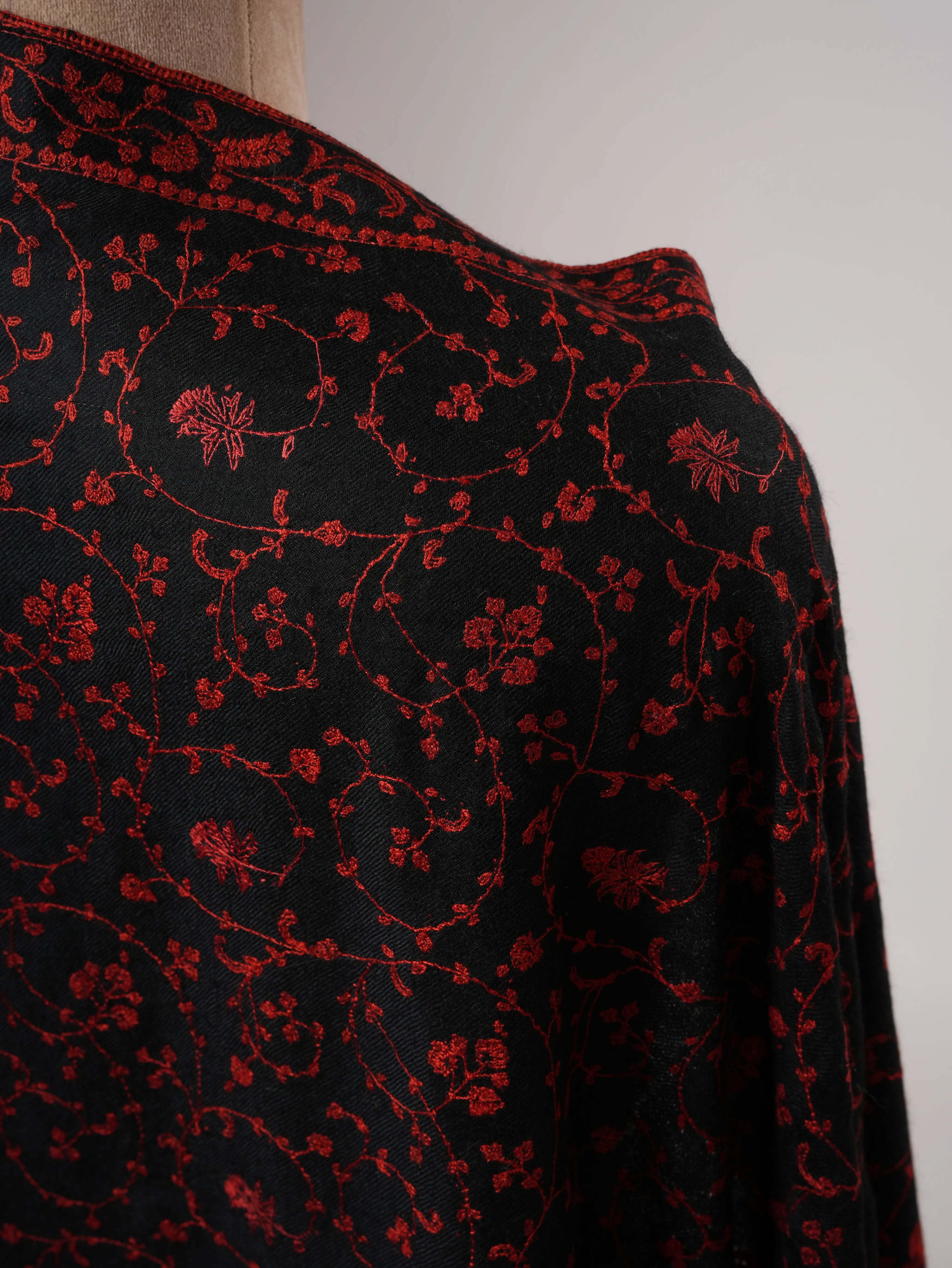 Black Handloomed Pashmina Shawl with Red Embroidery Shahkaar