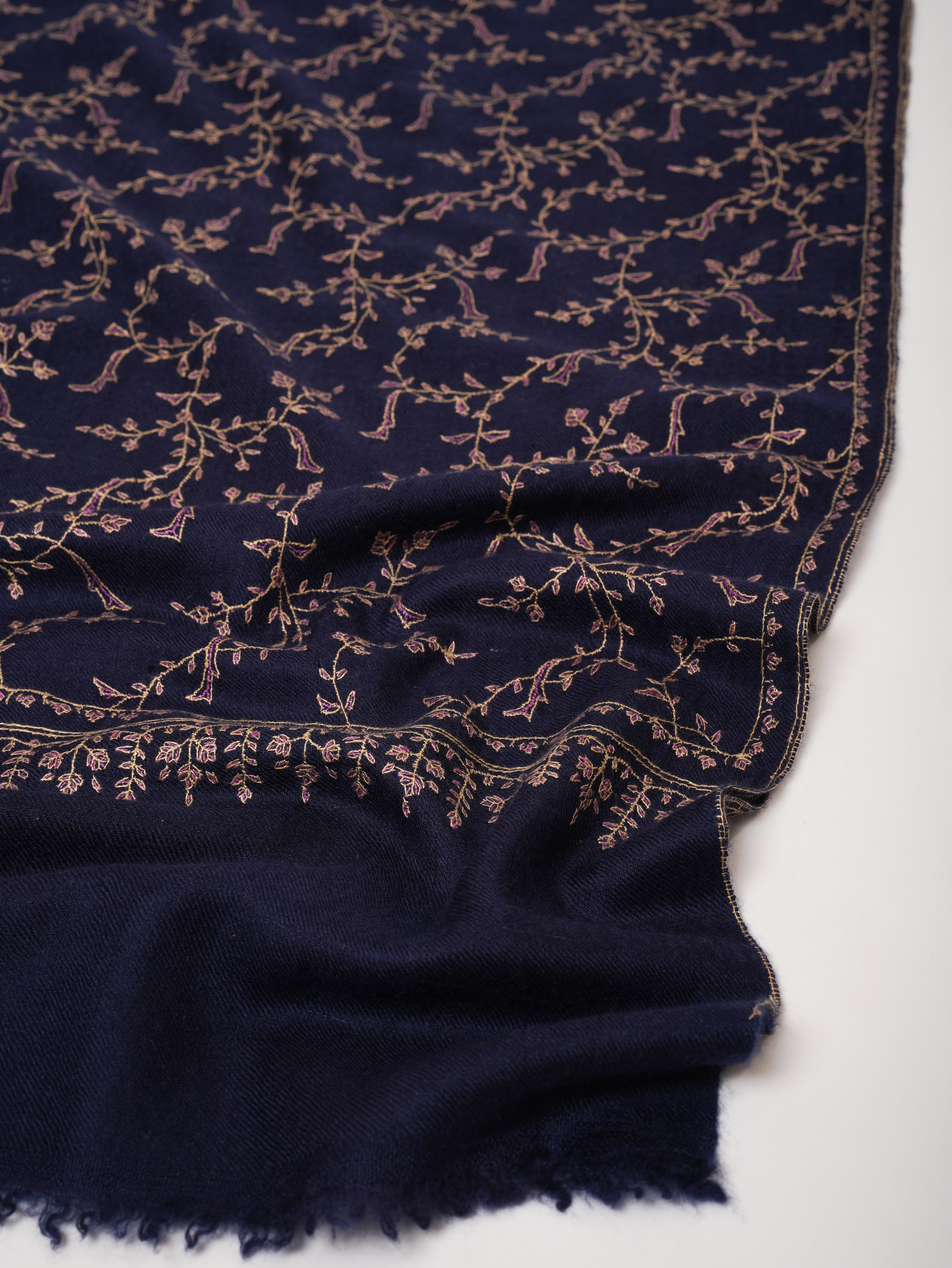 Navy Blue Baby Soft Cashmere Scarf with Fine Hand Embroidery