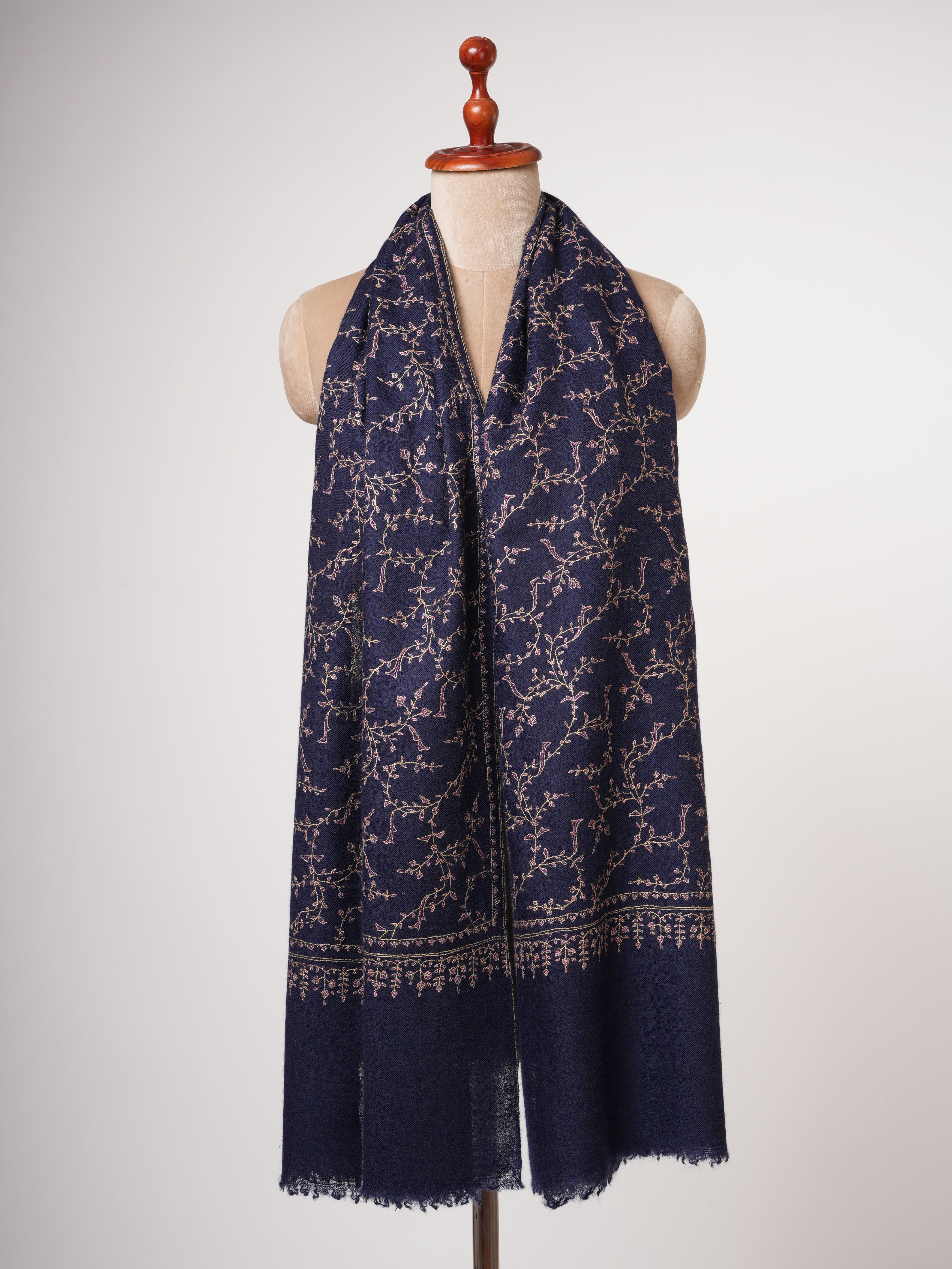 Navy Blue Baby Soft Cashmere Scarf with Fine Hand Embroidery