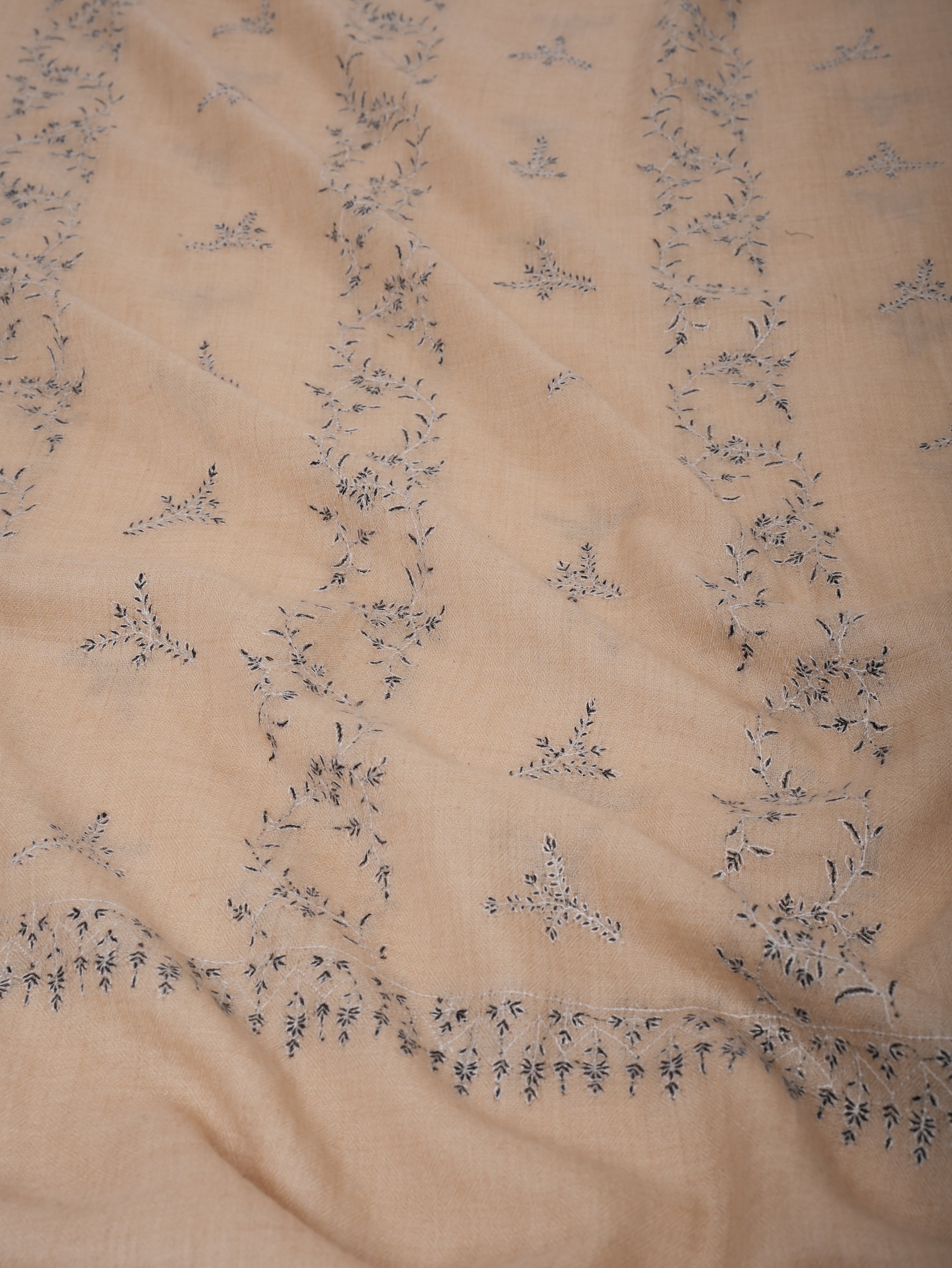 Off-White Cashmere Scarf with Black & White Hand Embroidery – Soft & Elegant