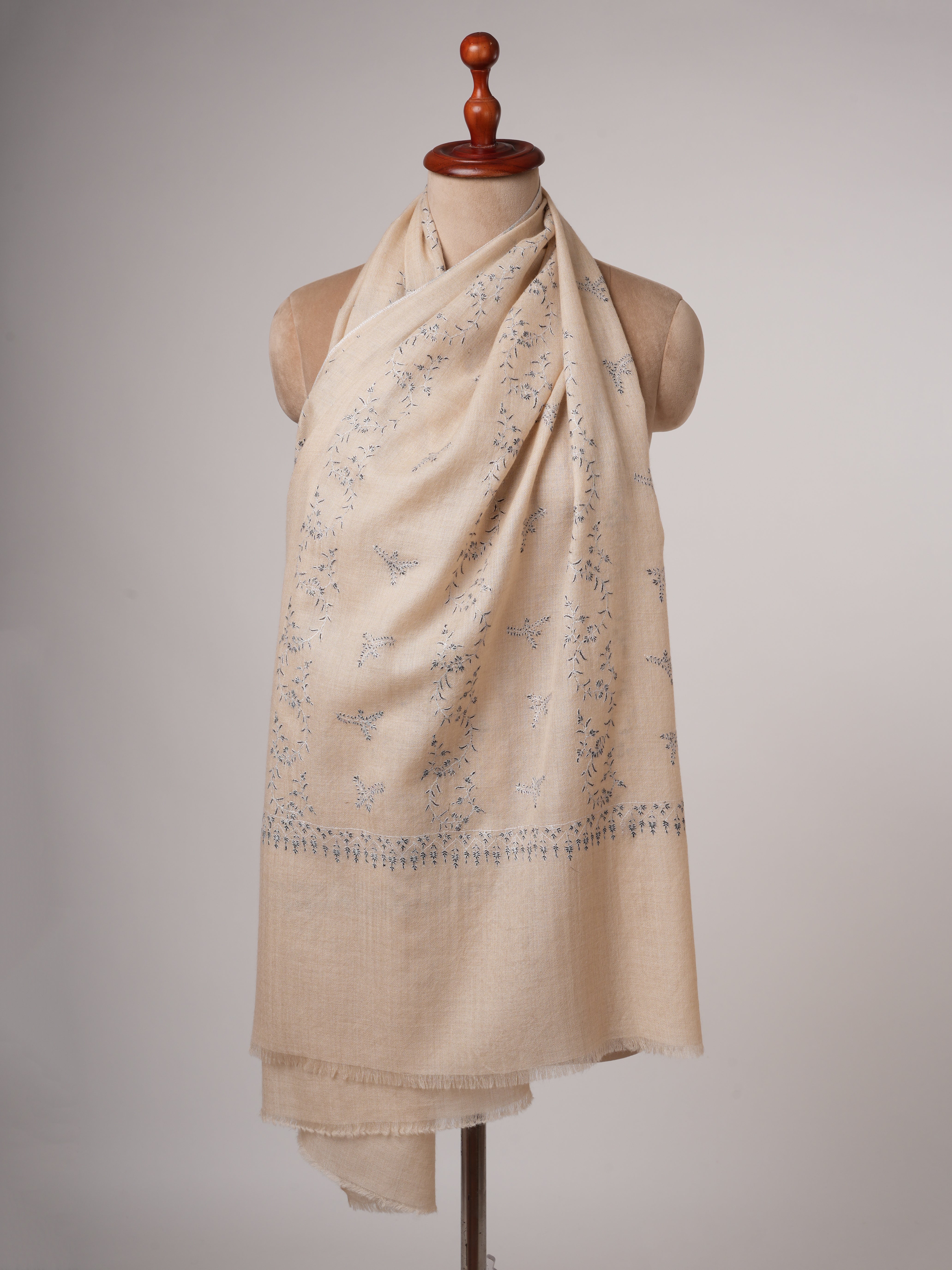 Off-White Cashmere Scarf with Black & White Hand Embroidery – Soft & Elegant