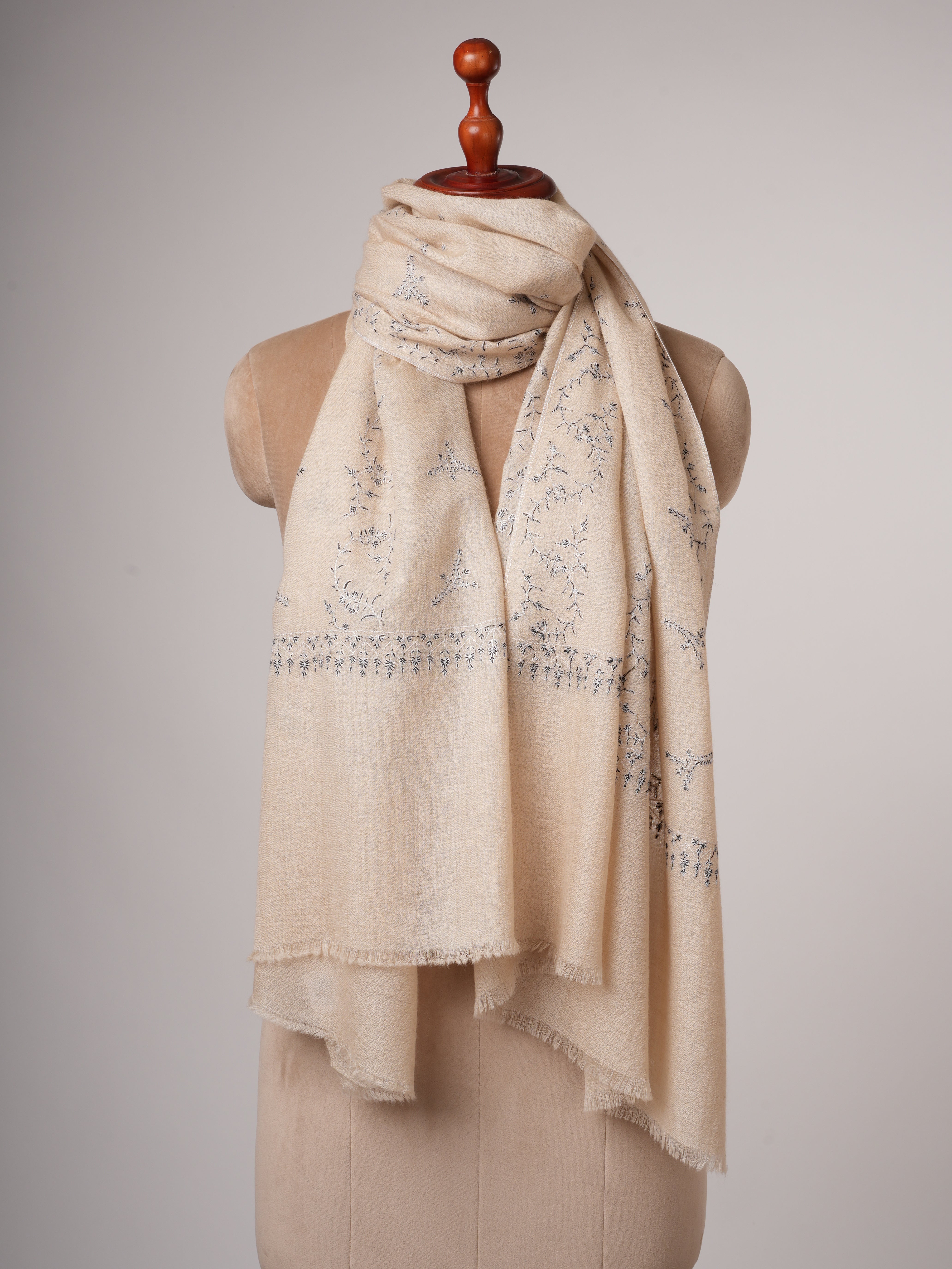 Off-White Cashmere Scarf with Black & White Hand Embroidery – Soft & Elegant