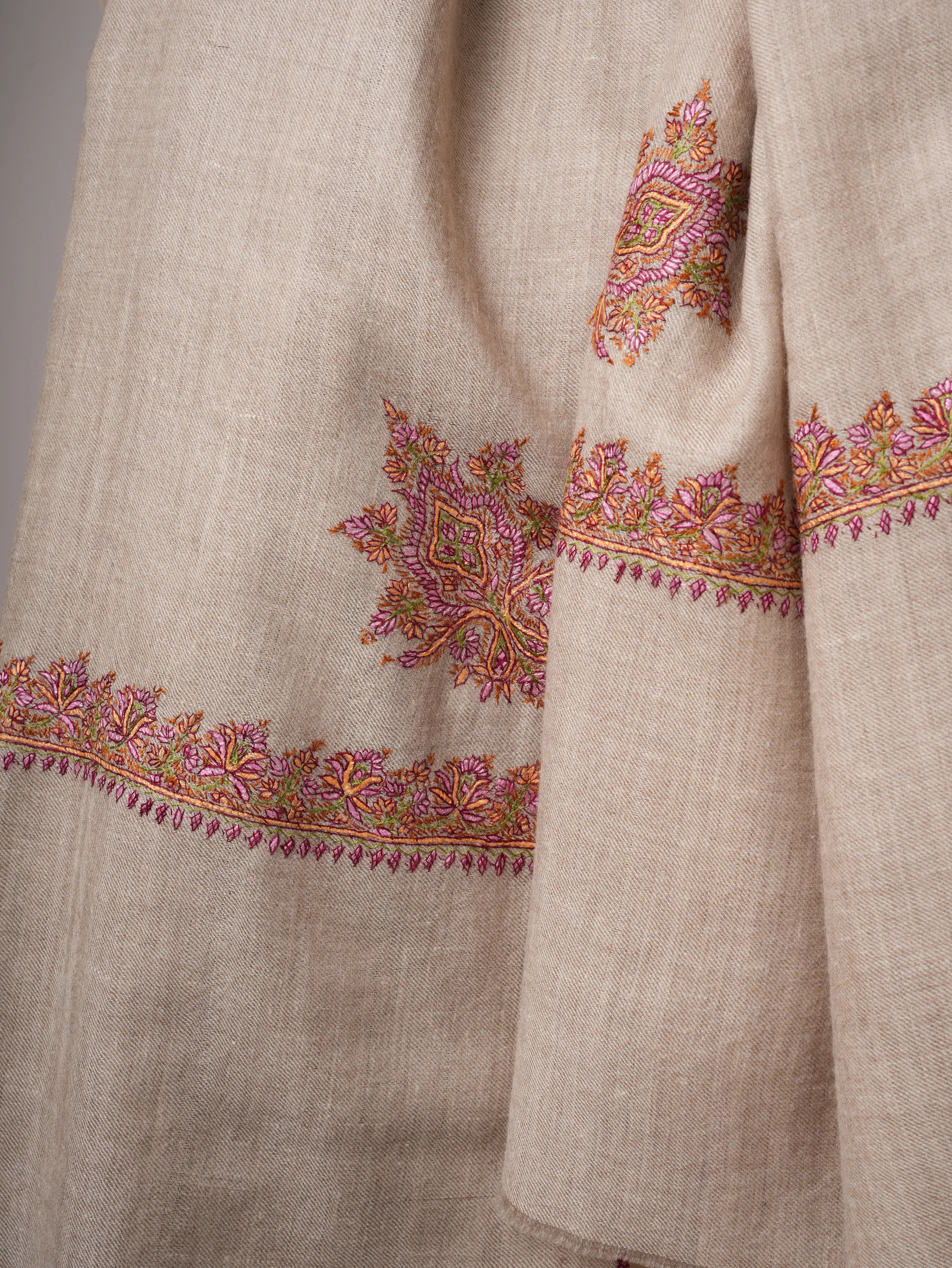 Natural Grey Kashmiri Pashmina Shawl – Hand Embroidered Hashia Border Shahkaar