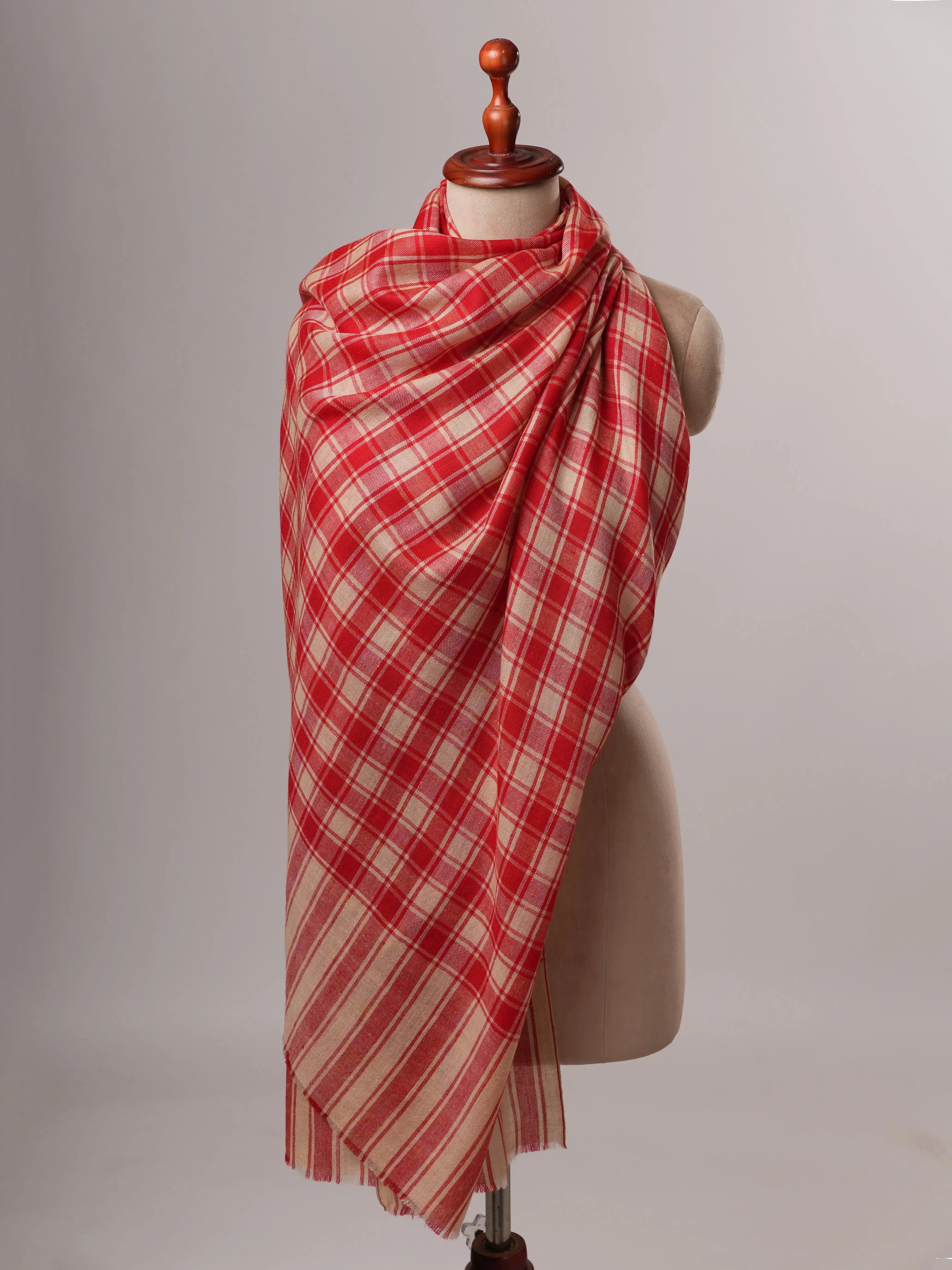 Featherlight Handwoven Shawl in Red Beige Checks Shahkaar